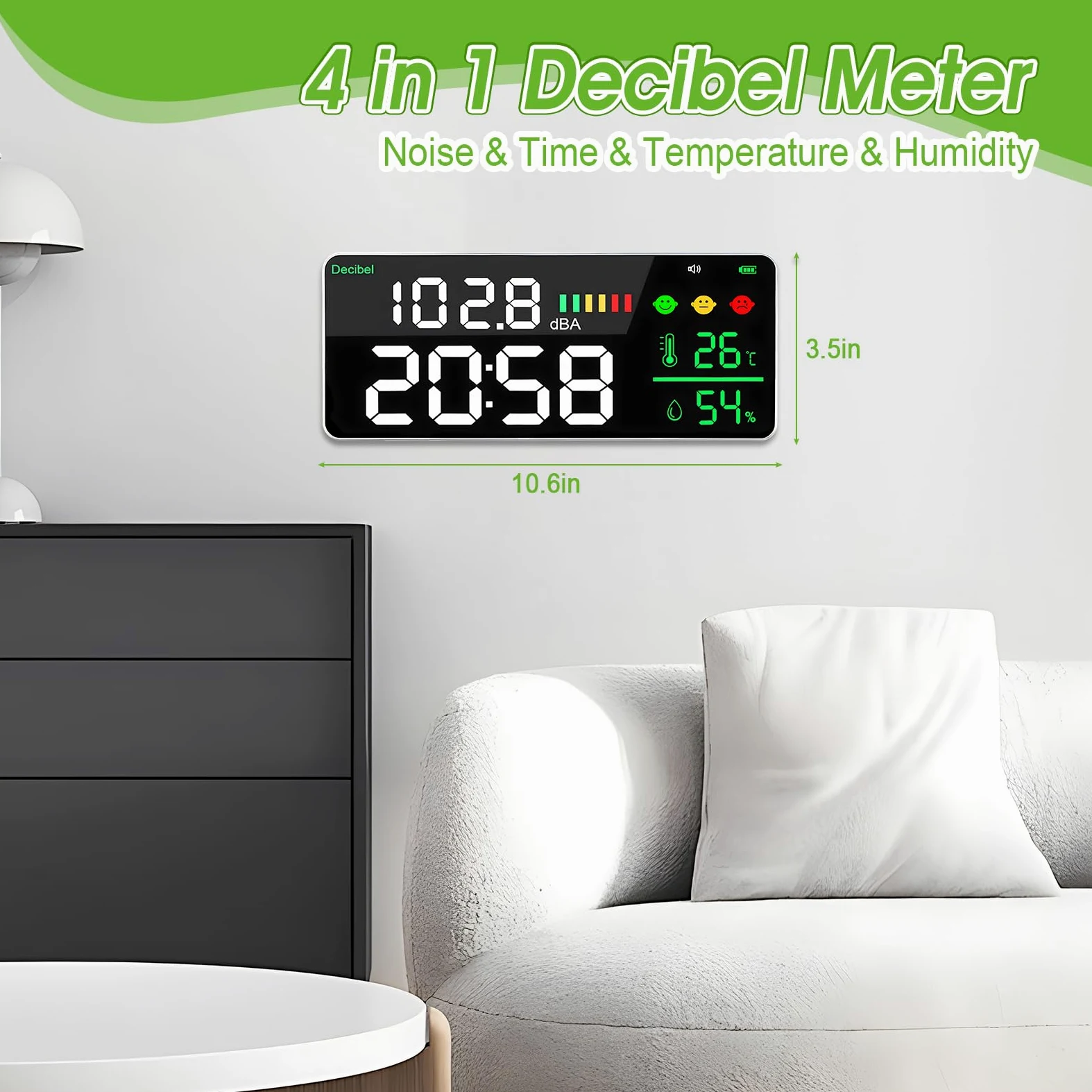 4-in-1 Digitales Dezibel-Schallmessgerät, LED-Farbbildschirm mit Geräusch, Zeit, Temperatur und Luftfeuchtigkeitsanzeige, 30-130 Dba, Schallpegelmesser für Büro, Fabrikhalle, Krankenhaus, Wandmontage