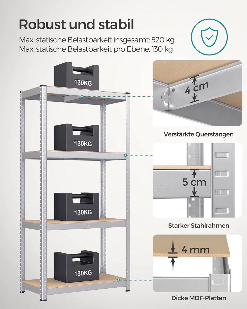 SONGMICS Schwerlastregal, 2er Set, Kellerregal, Lagerregal, 40 x 80 x 160 cm, Regal mit Stahlgestell, bis 520 kg belastbar, 4 verstellbare Ablagen, silbern GLR044E02