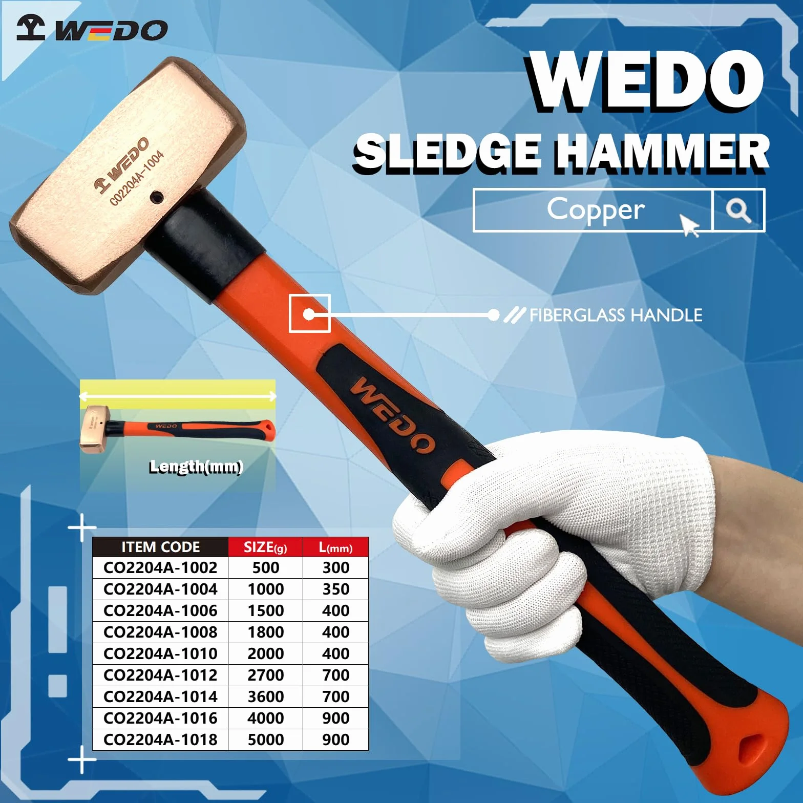 WEDO Fäustel, Kupferhammer,Vorschlaghammer mit Fiberglasstiel,500g,Länge 300mm,Abbruchhammer,Schlosser-Hammer,Kopf geschmiedet,Ingenieurhammer Einsatz bei Präzisionsabbrucharbeiten,Stemmhammer