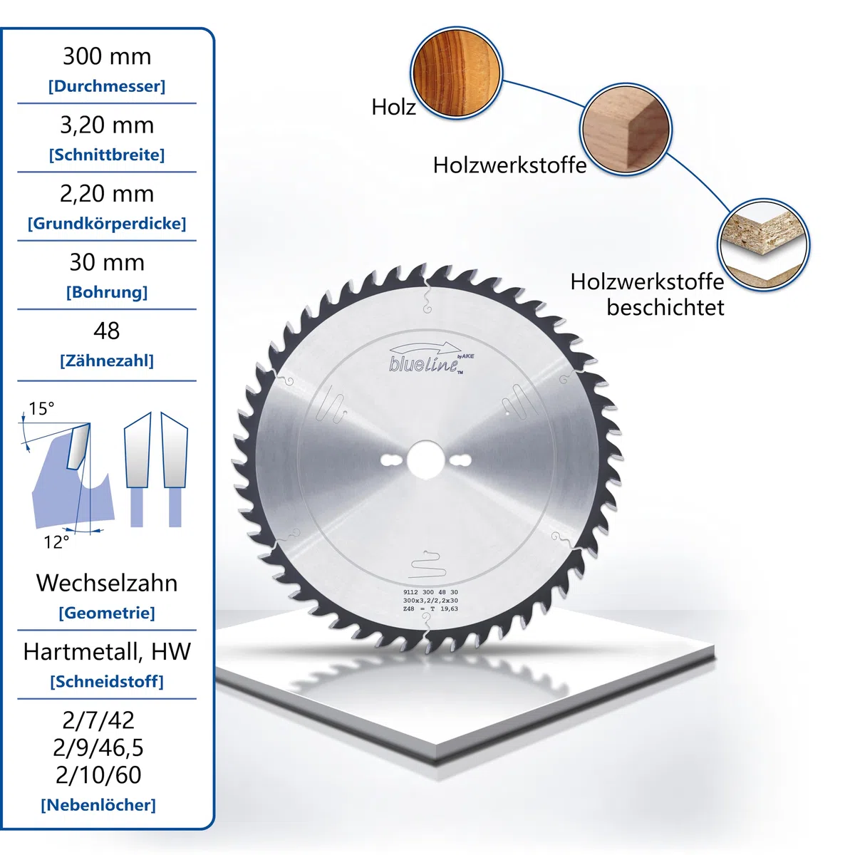 AKE blueline Kreissägeblatt | 300x30 Z48 Wechselzahn, Hartmetall | mittel-feiner Schnitt | für Holz, Holzwerkstoff, Holzwerkstoff beschichtet | auf Formatkreissäge, Tischkreissäge