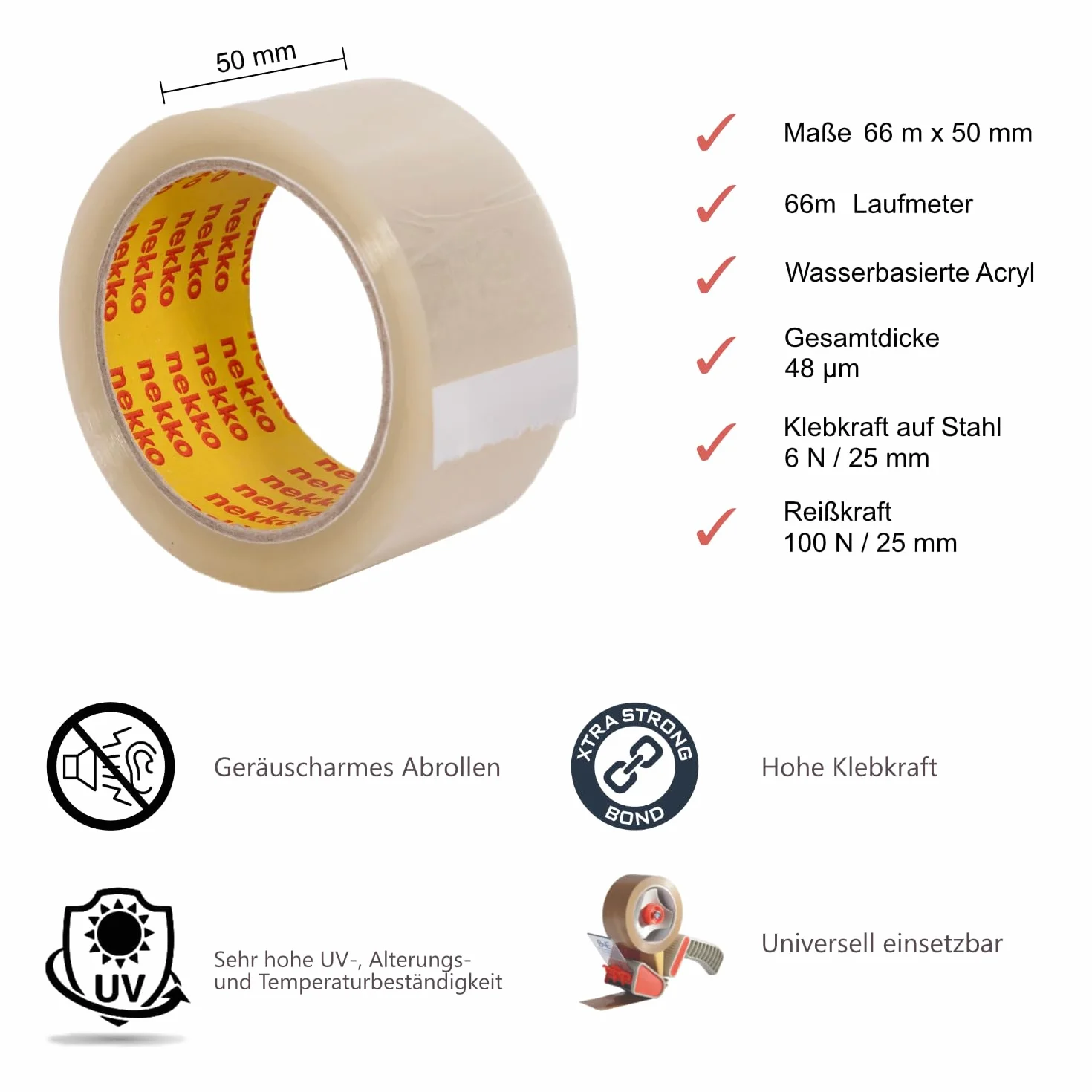 nekko 36 Rollen Paketklebeband Transparent- Starke Klebekraft, Kein Einreißen, Leises Abrollen - Packband Verpackungsband - 50mm x 66m Klebeband