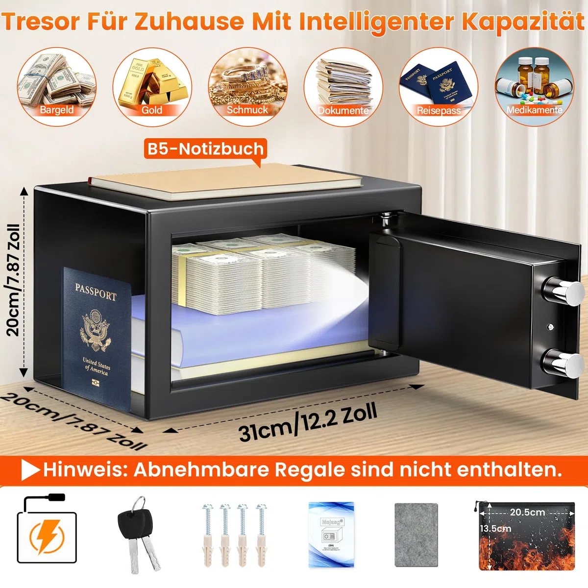 Mejasg Safe Tresor für Zuhause mit Feuerfester Tasche, 15L Digitaler Tresor Klein mit USB-C-Anschluss, Alarmmodus und Silent-Modus, Wandtresor Möbeltresor für Schmuck Bargeld Medikamente Dokumente
