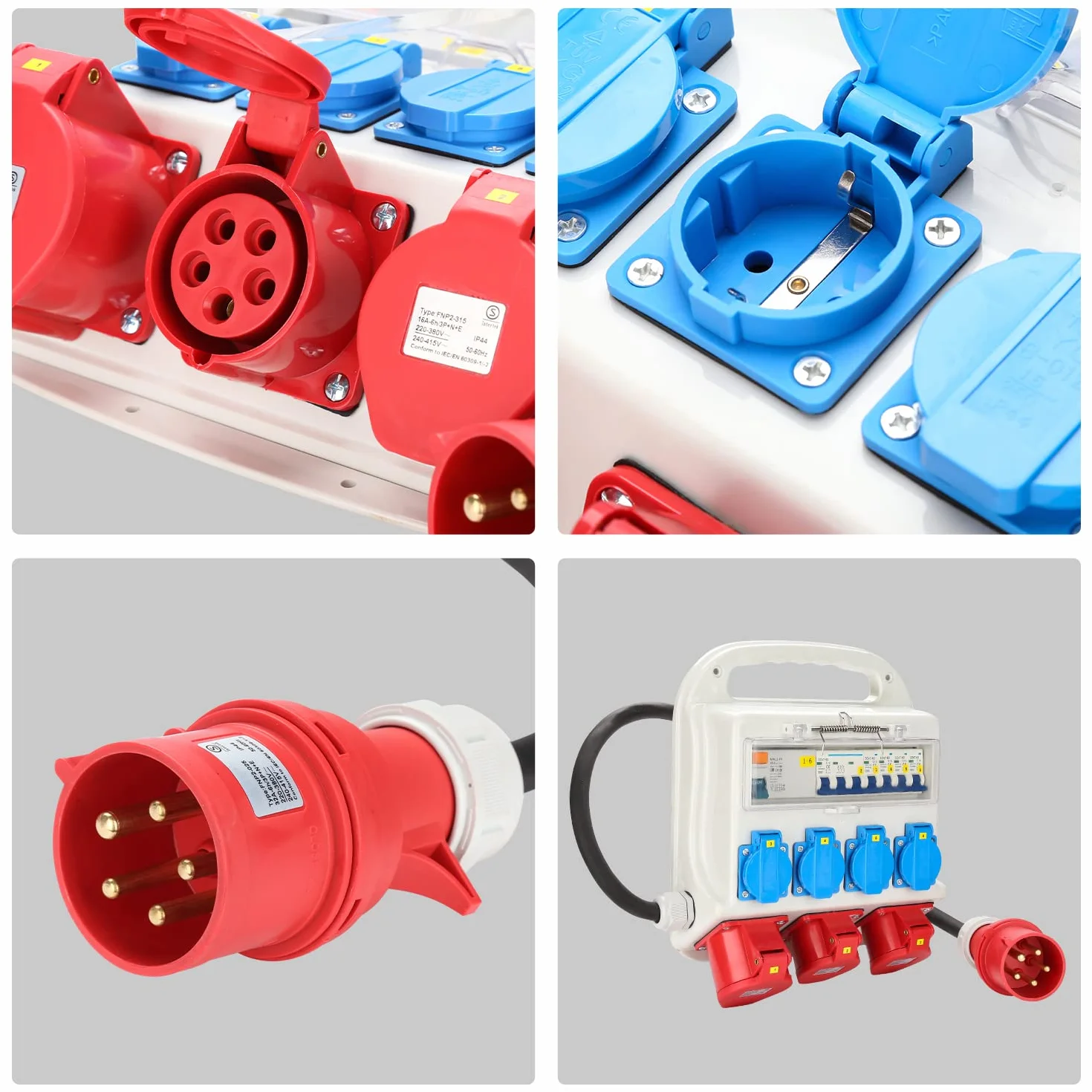 Baustromverteiler 2xCEE 400V/16A 5-polig, 1xCEE 400V/32A 5-polig, 4x230V(Schuko) 2-polig, Wandverteiler Für Baustelle, IP44 wasserdicht, mit FI-Schutzschalter