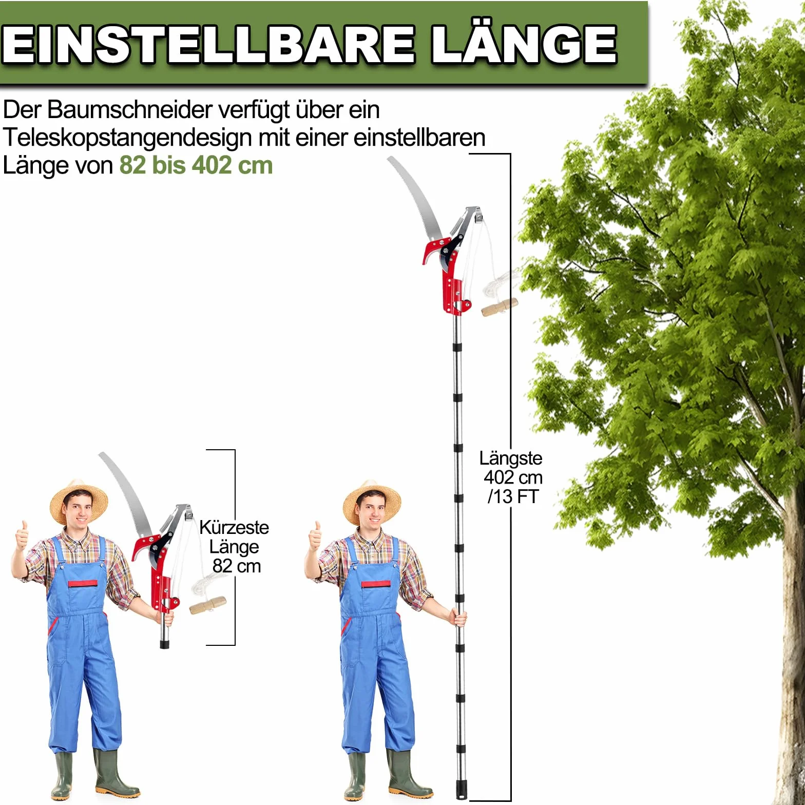 Astschere Teleskop mit Astsäge, 82-402cm Astsäge mit Teleskopstiel, Einstellbare Länge Seilzug Gartensäge Baumsäge, Leichter Edelstahl Teleskopsäge Hochentaster, Manuell Baumschere für hohe Äste