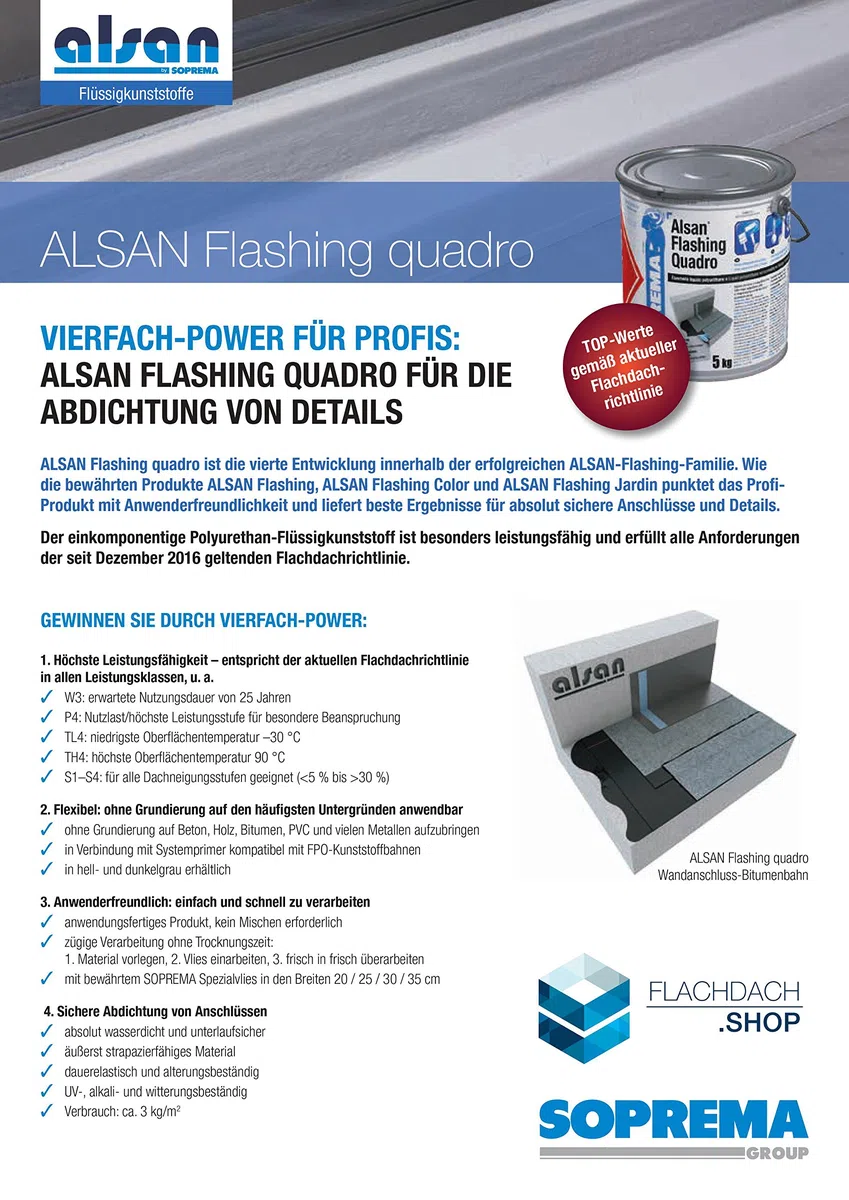 ALSAN Flashing Quadro - PROFI PACK - Komplettset | 5,0 kg Flüssigkunststoff | 1 Rolle Alsan Vlies | 1 Paar Handschuhe | 1 Rührholz | 1 Farbwalze | Verlegeanleitung | Farbe RAL 7040 - fenstergrau