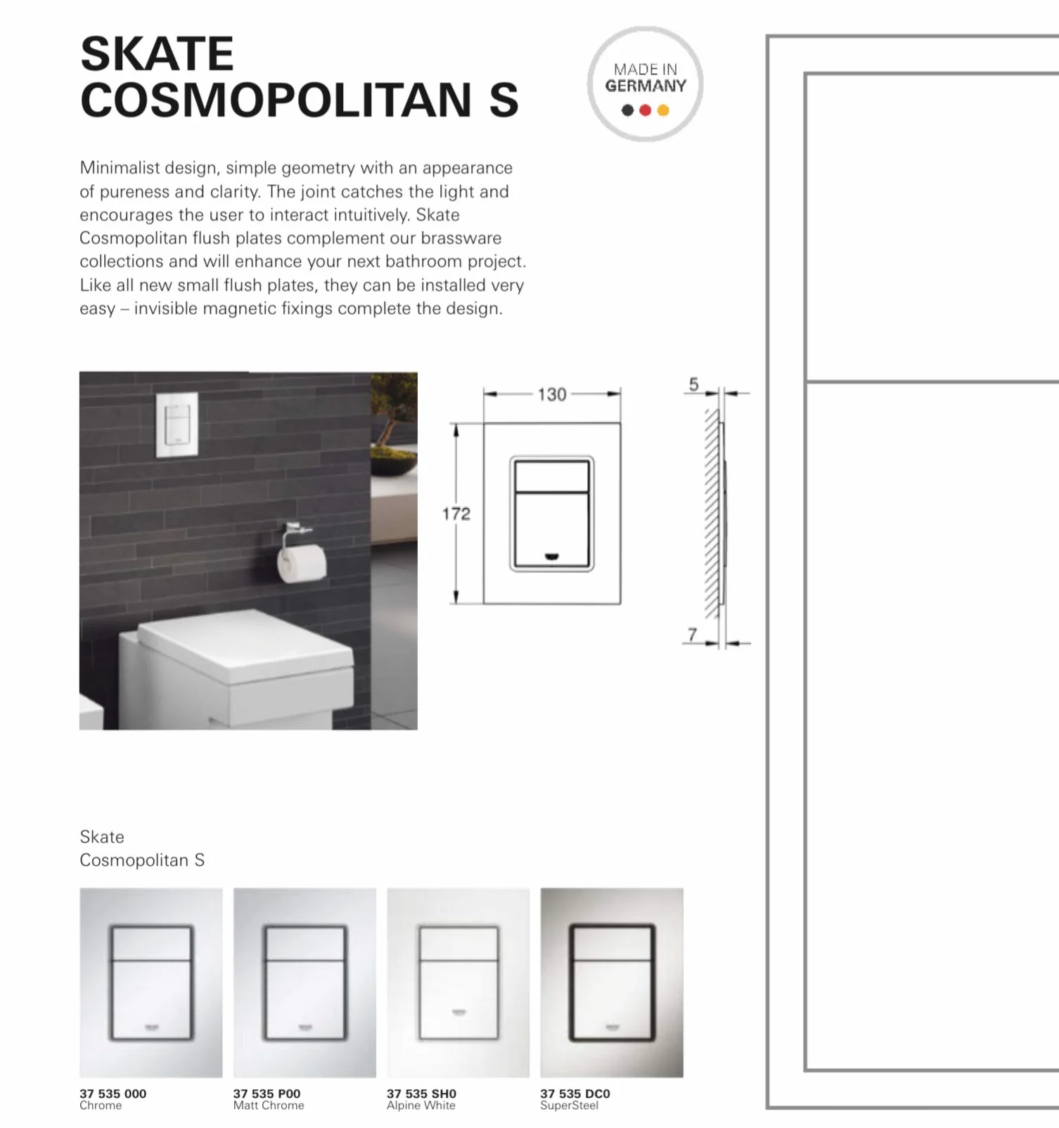 Grohe Skate Cosmopolitan S WC- Betätigungsplatte für Rapid SL S-Size, 130 x 172 mm, 2-Mengen- und Start und Stopp-Betätigung, 37535SH0 Alpinweiß Design Größe