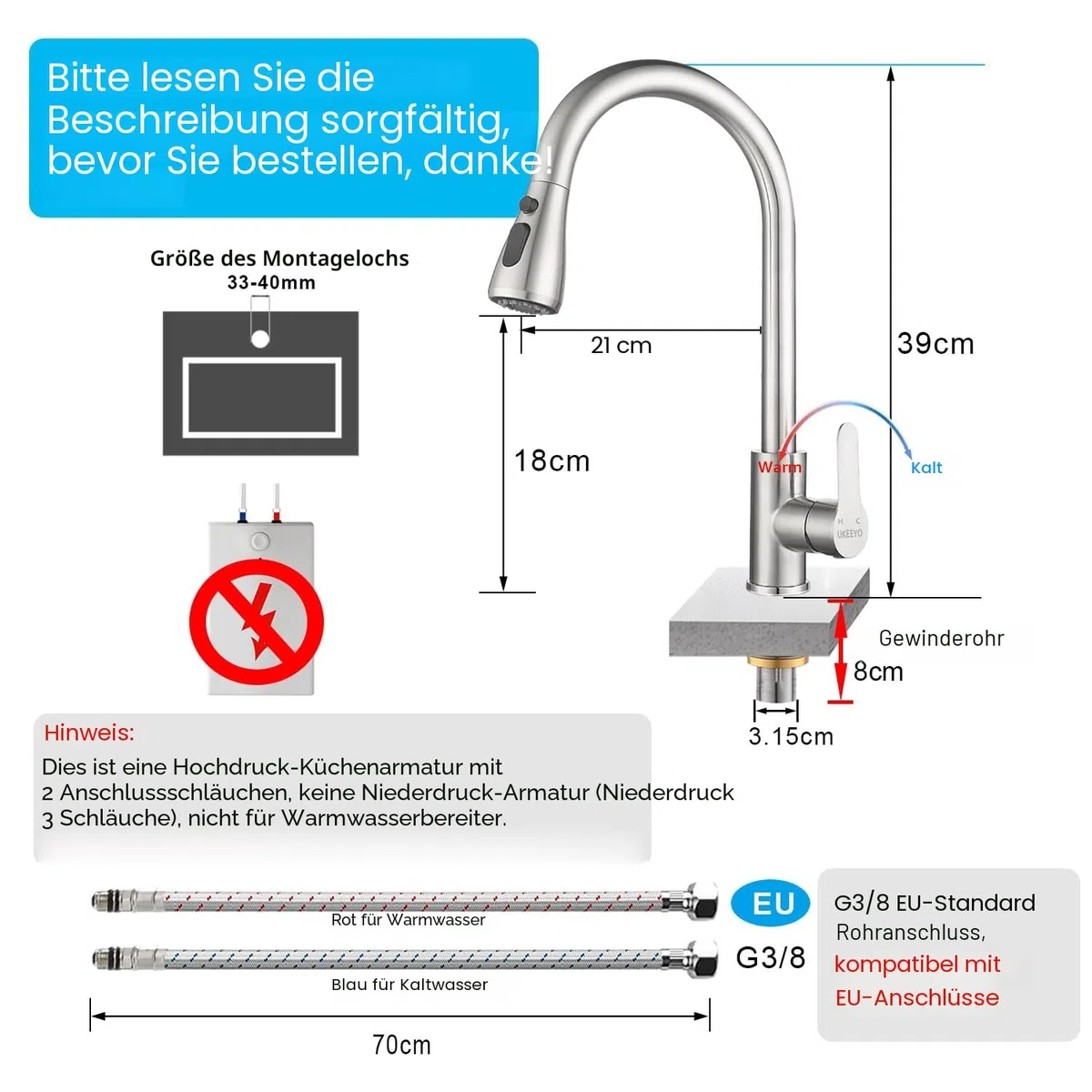 Wasserhahn Küche, Hochdruck Küchenarmatur mit Herausziehbarer Brause Ausziehbar Armatur, Mischbatterie Küche Spültischarmatur Brause 3 Modus, Edelstahl
