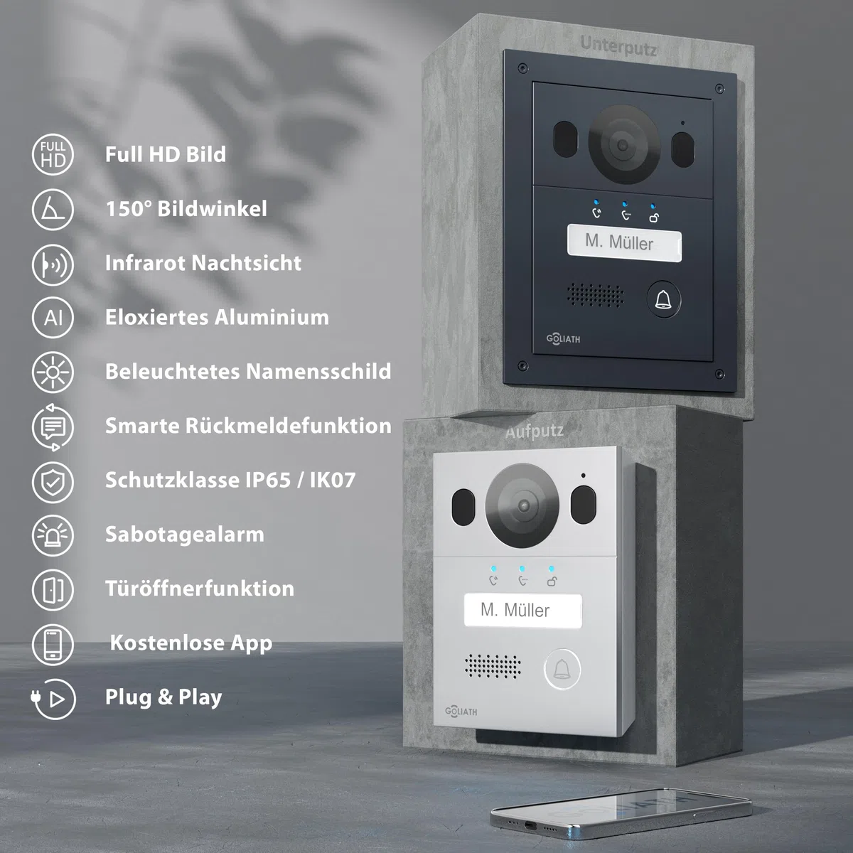 Goliath Basic Video Türsprechanlage, 2 Draht Bus, 7" Monitor, Unterputz Türklingel mit Kamera, Gegensprechanlage mit Türöffner und Klingel, 1 Familienhaus, Plug & Play, Smartphone App