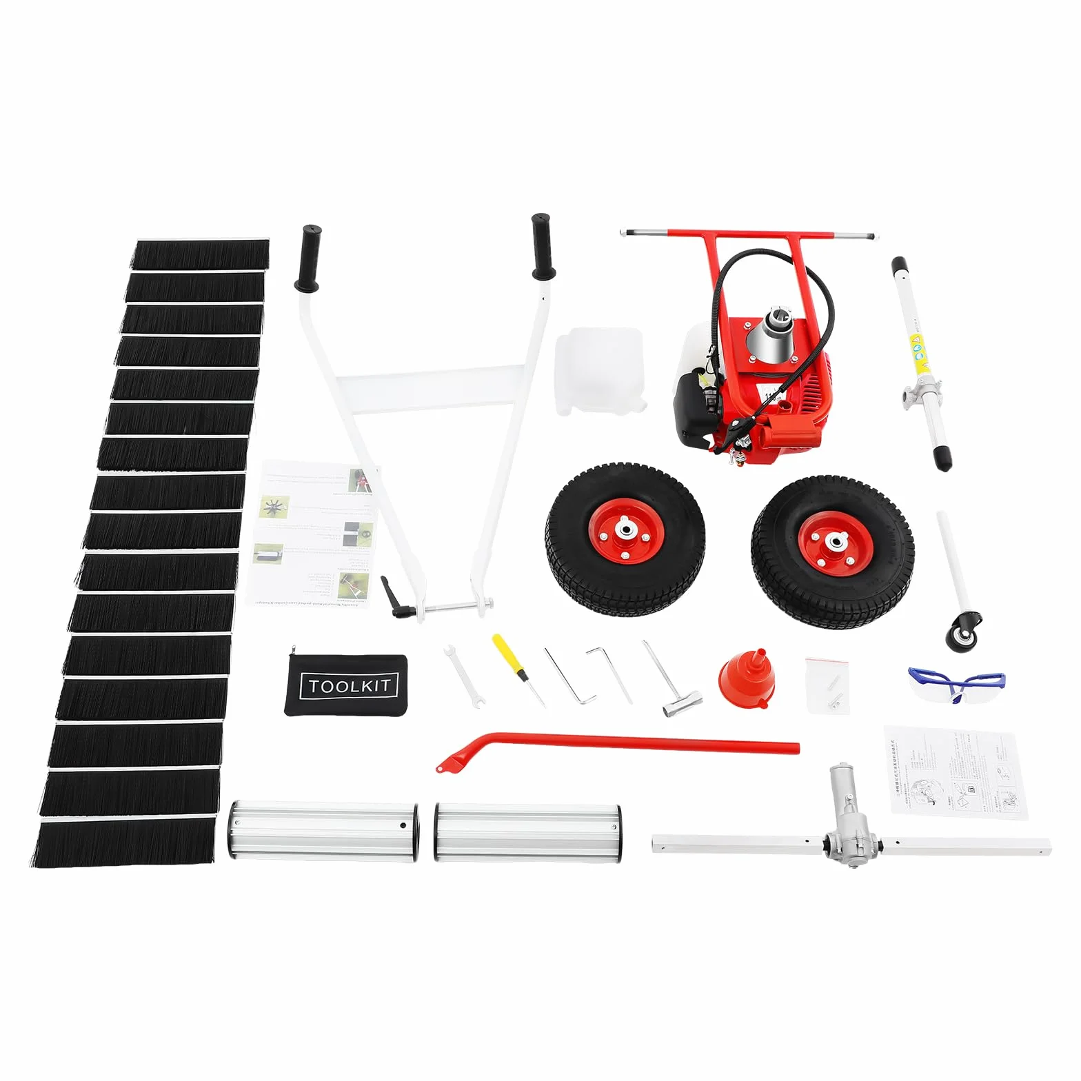 2-Takt Motorbesen Benzin Kehrmaschine, 43CC 8500RPM SchneefräSe Benzin Motor Handschubkehr Maschine Räumgerät Schnee Sweeper Unkraut Entferner Kunstrasen Kehrmaschine mit Schutzbrille