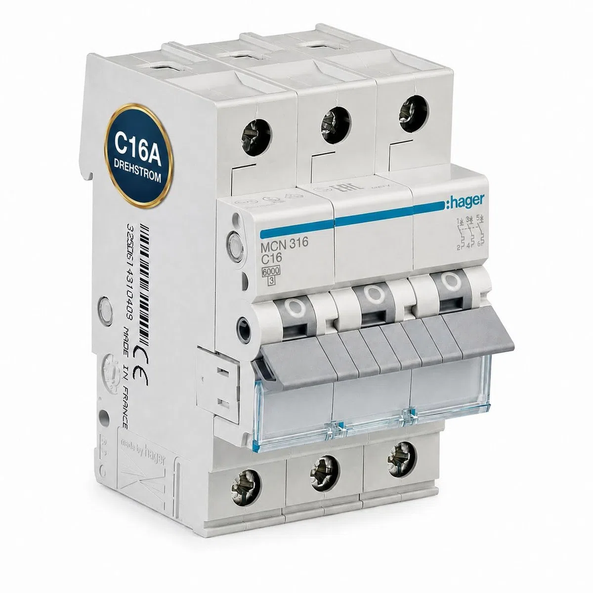 Hager MCN316 Leitungsschutzschalter 3-polig C16A, 6kA LS-Schalter für Drehstrom, 3P Sicherungsautomat, biconnect Klemmsystem, 3 Module, 230/400V AC, IP20, Kurzschluss- und Überlastschutz