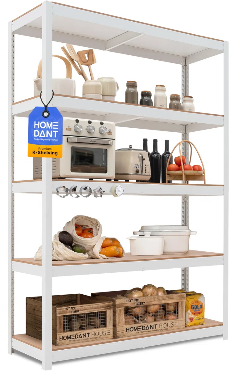 HOMEDANT House Premium-Lift-Beam Schwerlastregal Kellerregal Lagerregal Haushaltsregal Küchenregal Garagenregal 40 x 120 x 180cm Regal mit Laminat-MDF-Böden verstellbare Ablagen Weiß