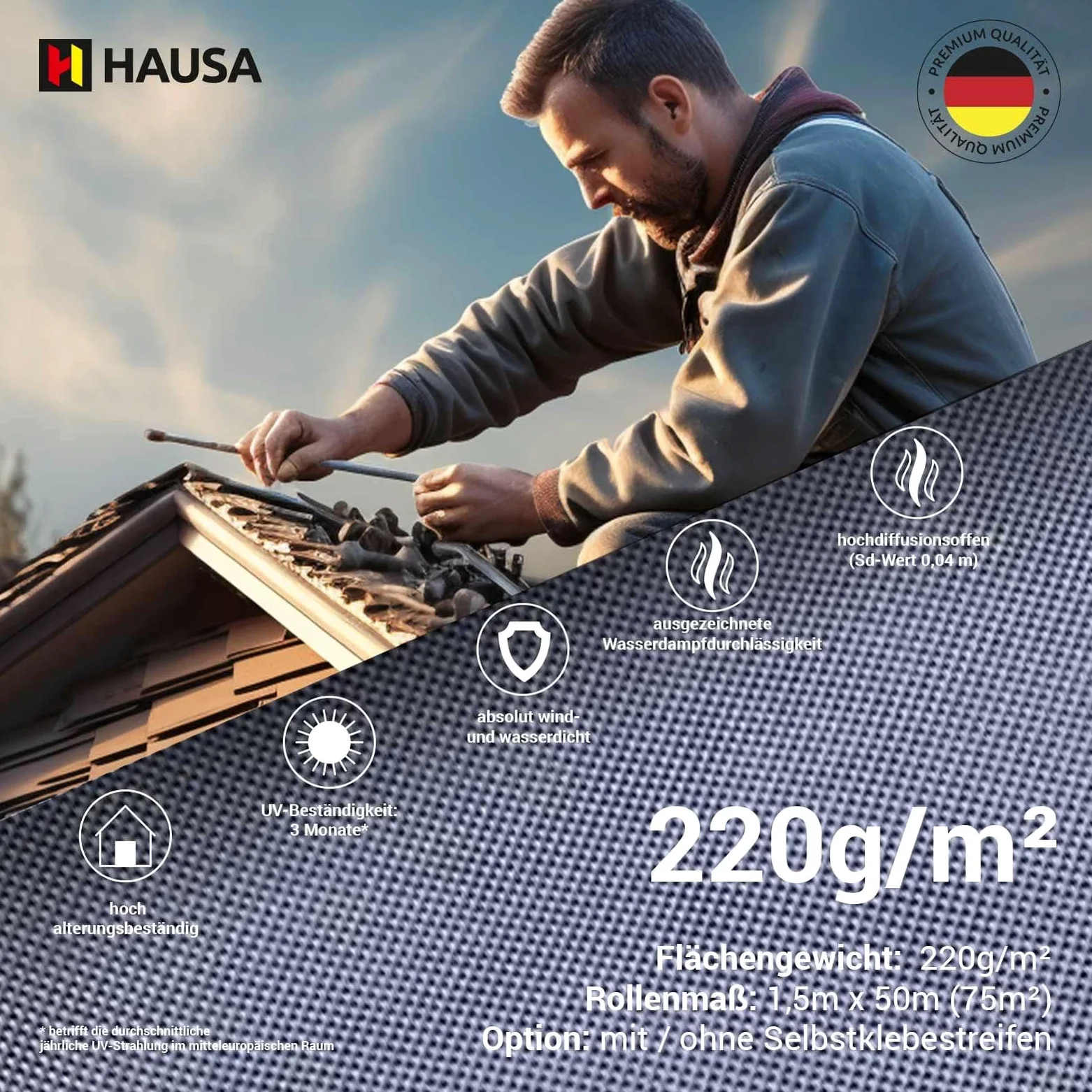 HAUSA Unterspannbahn 220g/m² dunkelblau 37,5m² (1,5m x 25m) Unterdeckbahn Platinum HU220 Dachfolie ohne Klebestreifen hochdiffusionsoffen wasserdicht Schalungsbahn Dach reißfest schlagregensicher