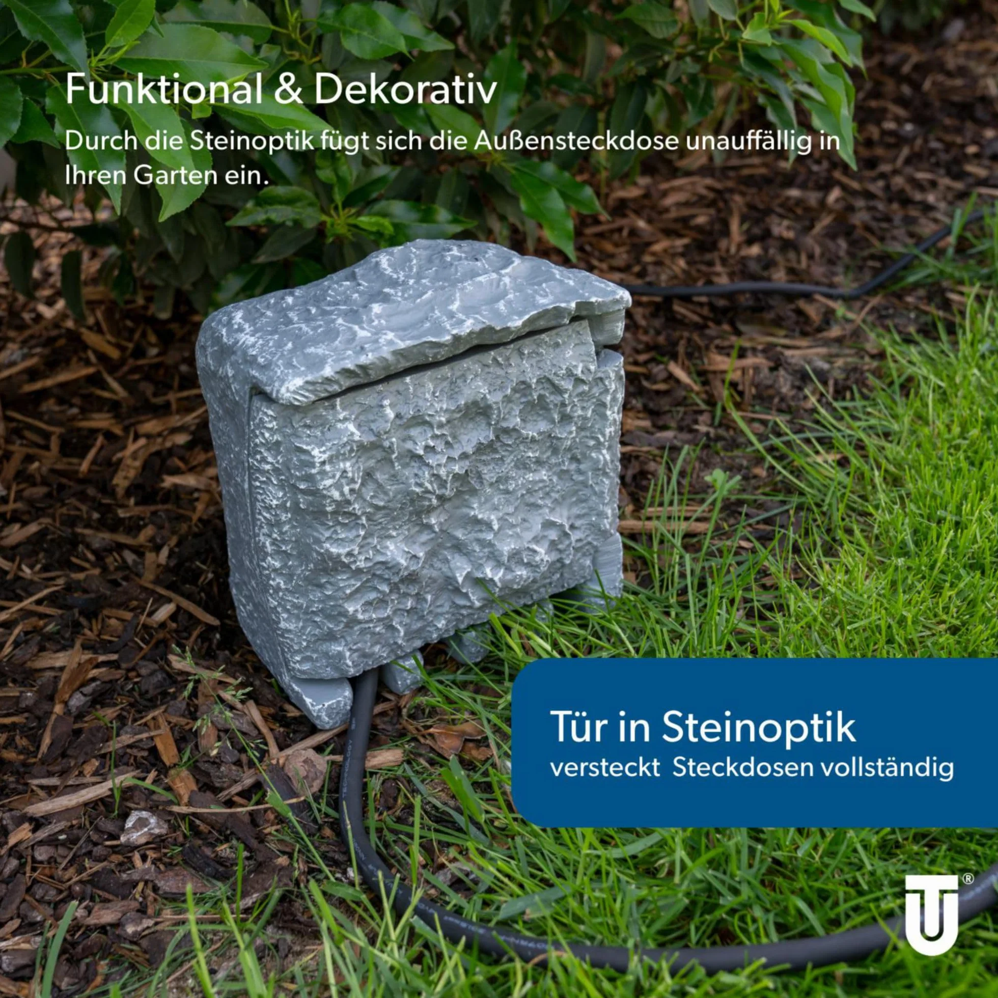 UNITEC Steckdosenverteiler Garten Steinoptik IP44 2 Steckdosen Würfel ZSU