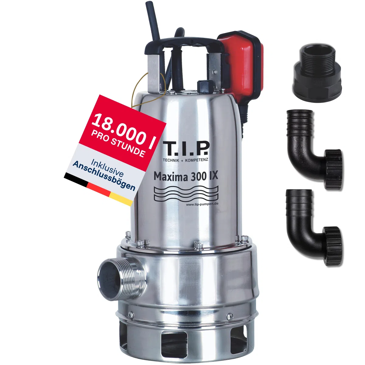 T.I.P. 30116 Schmutzwasser Tauchpumpe Maxima 300 IX (bis 18.000 l/h Fördermenge, Förderhöhe max. / Druck max. 8 m / 0,8 bar, 700 Watt, Edelstahl-Pumpengehäuse, Offenes Noryllaufrad)