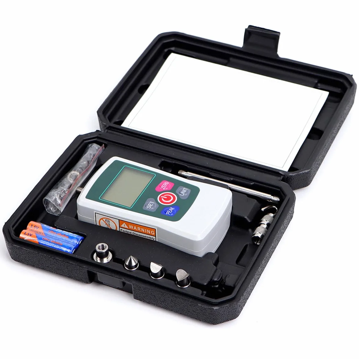 Tragbares elektronisches Druck- und Zugkraftmessgerät mit Digitalanzeige, Mini-Handdruckkraftmessgerät mit Digitalanzeige, mit Vorrichtungsköpfen und Aufbewahrungskoffer (500 N)