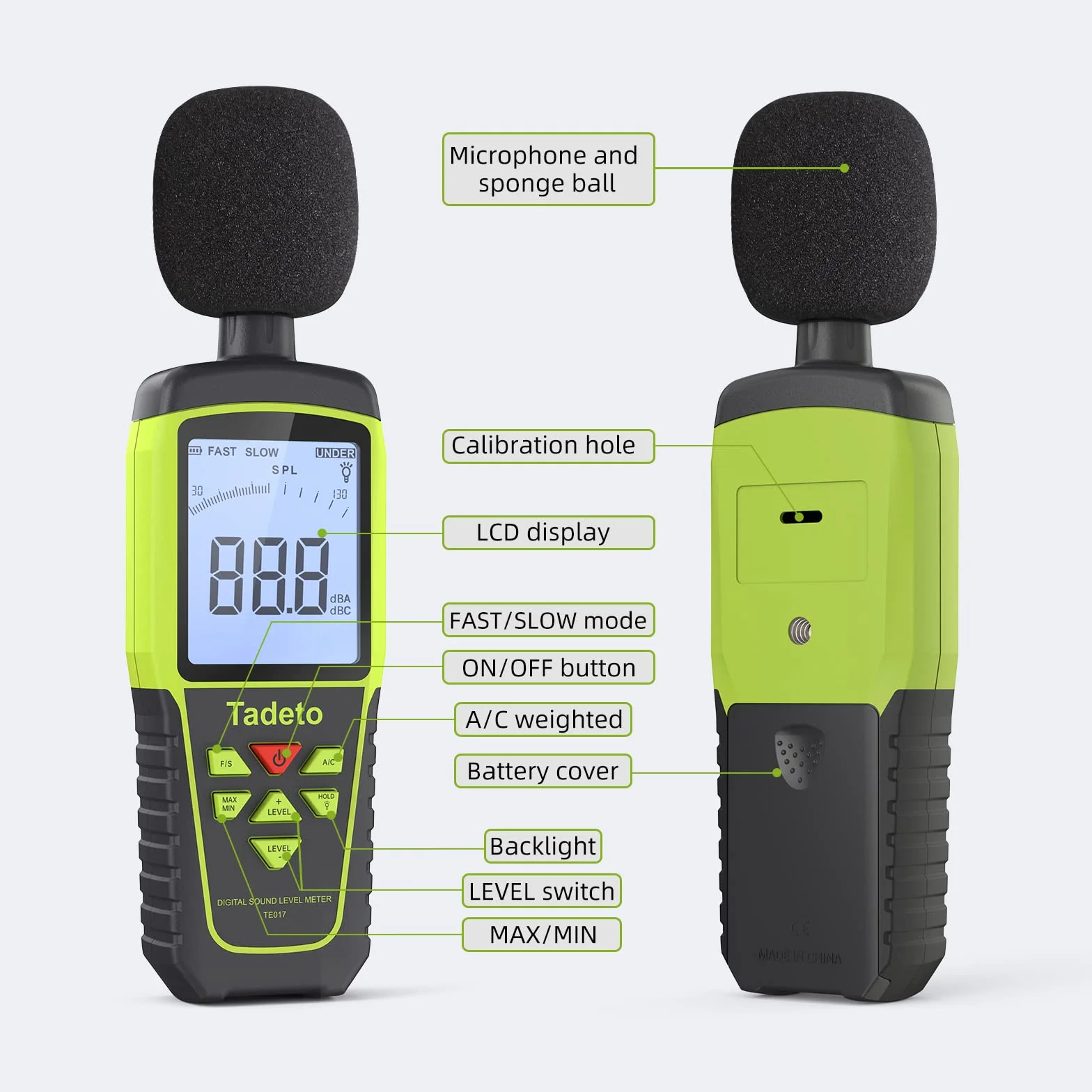 Dezibel Messgerät, Tadeto Schallpegelmesser Portable db Messgerät 30dB bis 130dB (5 Messbereich) Hintergrundbeleuchtung LCD-Display, MAX/MIN, akustische und visuelle Alarme, Data Hold, A/C-gewichtet
