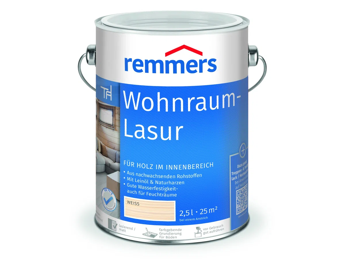 Remmers Wohnraum-Lasur weiß, 2,5 Liter, Holzlasur innen, für Möbel, Böden, Innentüren, Treppen und Feuchtraum geeignet, gute Wasserfestigkeit