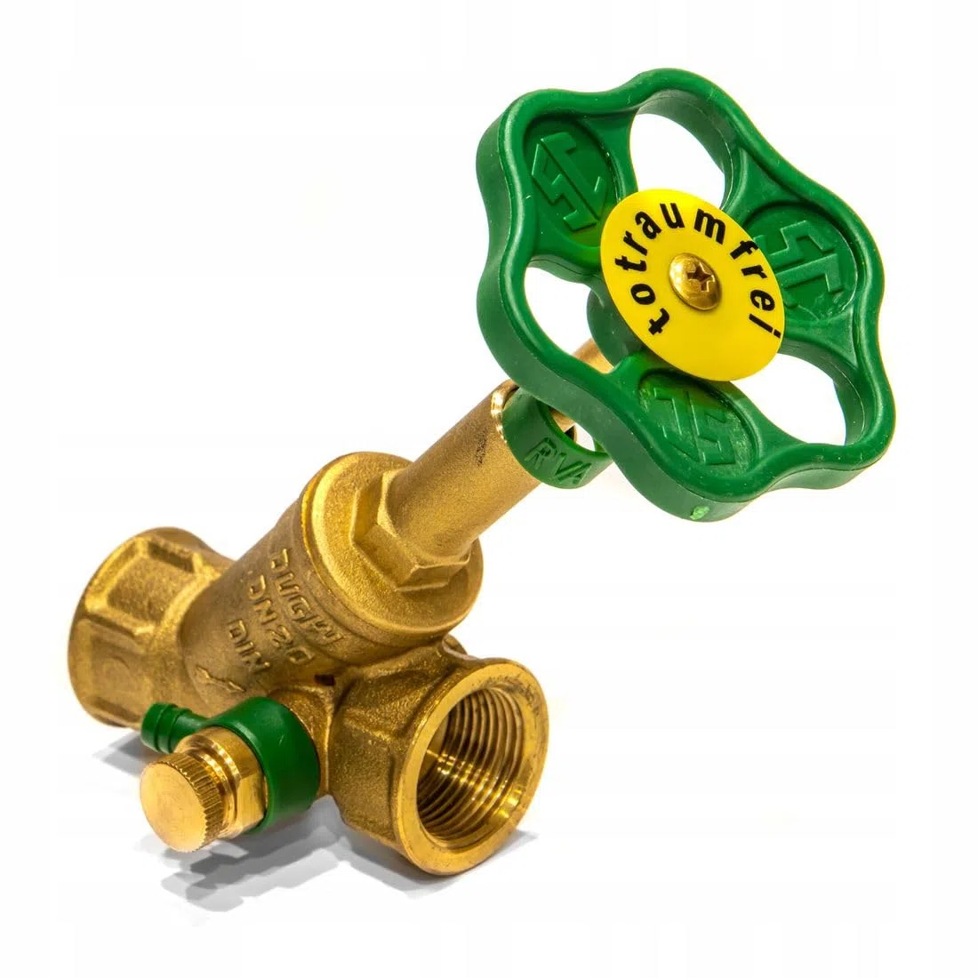 KFR Ventil 3/4 Zoll – Messing Schrägsitz-/Freistromventil mit Entleerung & Prüfschraube – steigende Spindel – DVGW-geprüft für Trinkwasser, Heizung & Hausinstallation
