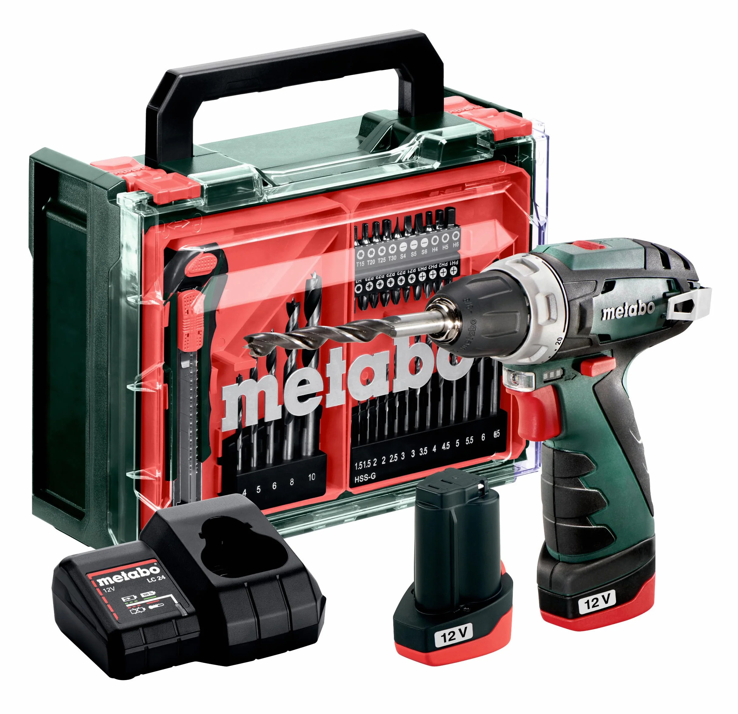metabo Akku-Bohrschrauber PowerMaxx BS Basic Set, 12 V Bohrer & Schrauber | Inkl. 2 Akkus 2,0 Ah, Ladegerät, 41-teiliges Zubehör-Set, 34 Nm, 2 Gänge, LED, Gürtelhaken, im Kunststoffkoffer