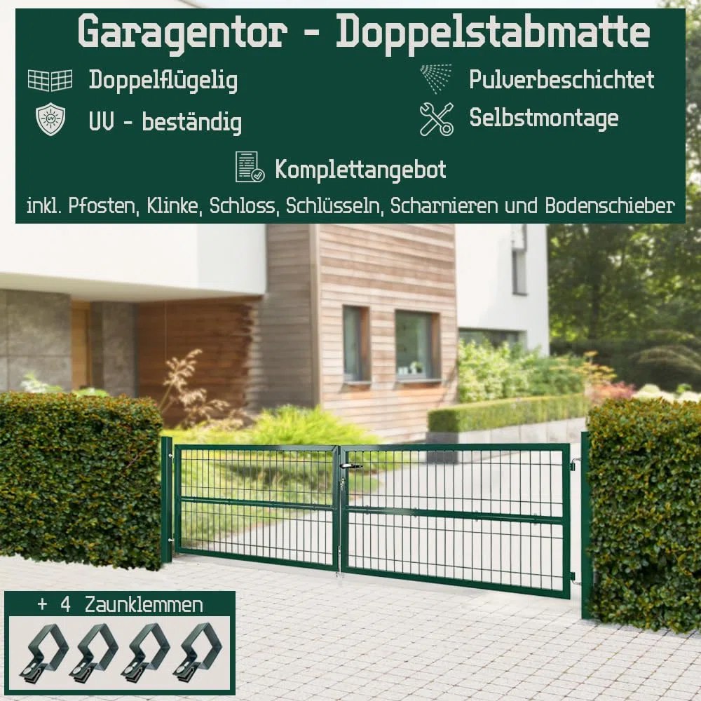 Gartentor Tor 300 x 80 cm Gartenzaun Zaun Doppelflügelig Gartentür aus Metall für Stabmattenzaun Abschließbar inkl. Pfosten Grün V2Aox