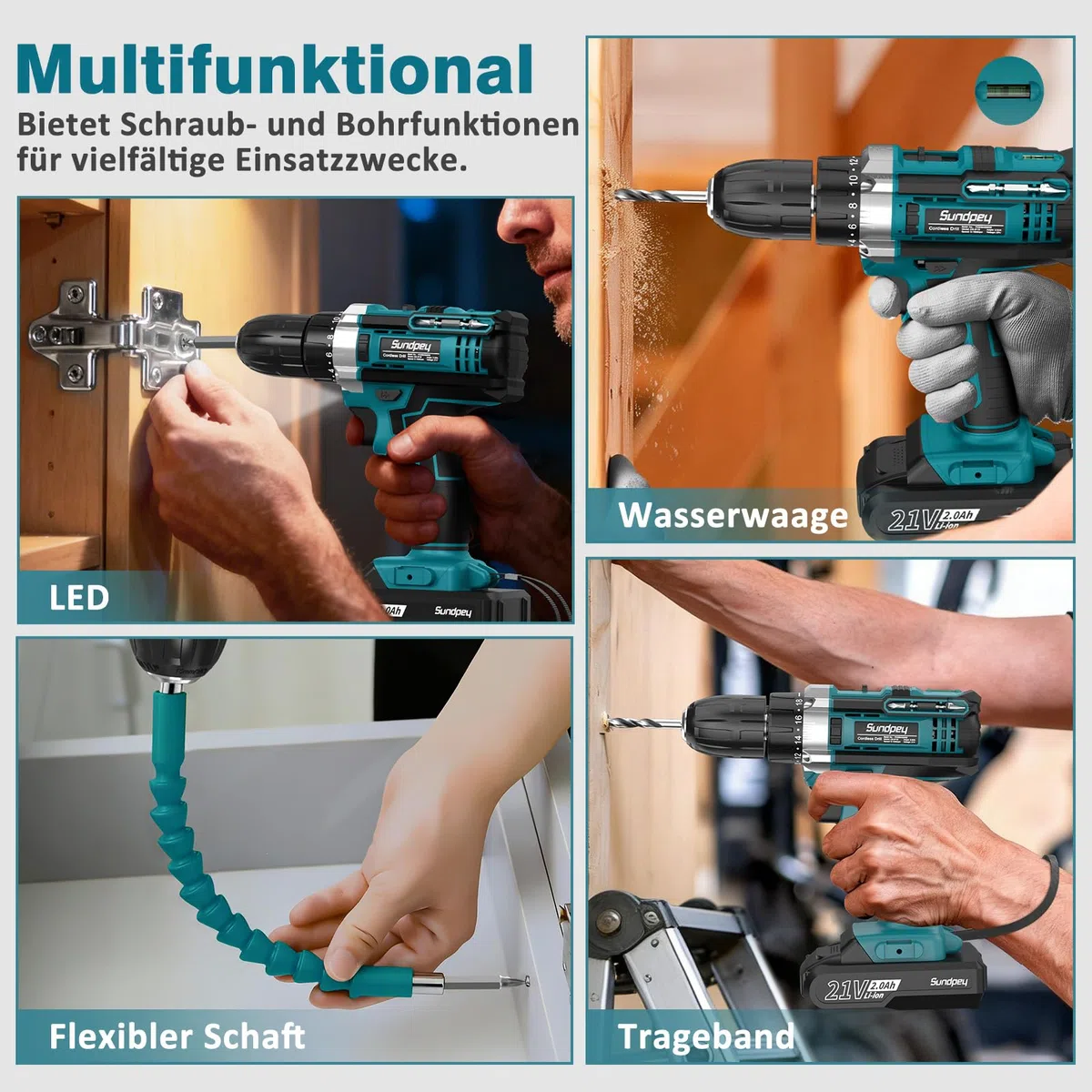 Sundpey Akkuschrauber Set mit 2 Akkus 2,0Ah, 21V Akkubohrer und Schrauber, 1500U/min 45Nm Max Akku Bohrschrauber mit 2-Gang, 18+1 Drehmomentstufen, 10mm Bohrfutter, LED-Licht Für Haus Reparatur & DIY