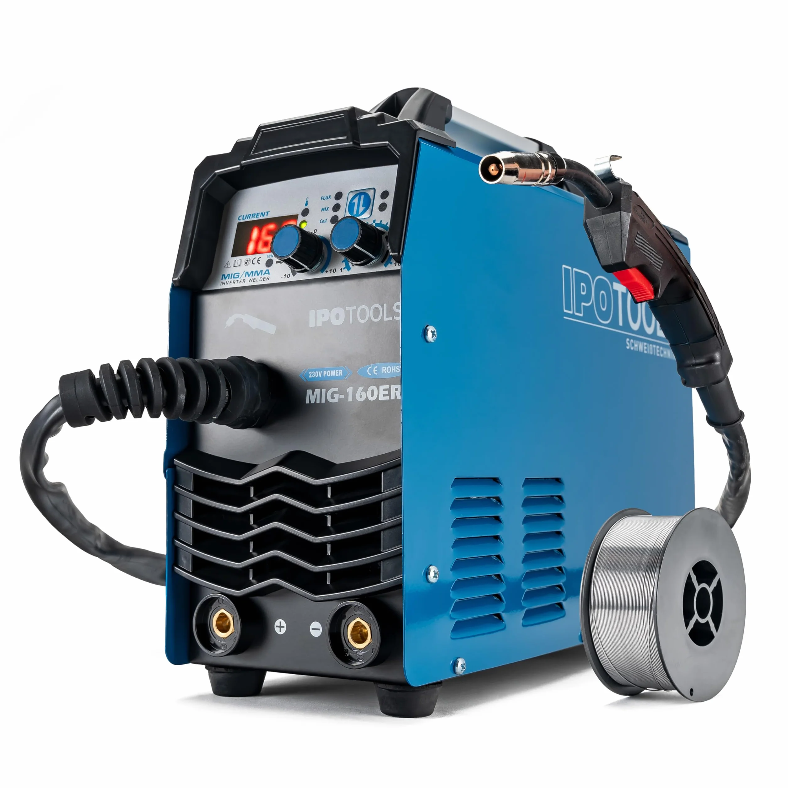 IPOTOOLS MIG-160ER Inverter Schweißgerät MIG MAG - Schutzgas Schweissgerät mit 160 Ampere auch FLUX/Fülldraht und Elektroden geeignet/E-Hand/Digitalanzeige/IGBT / 230V / 7 Jahre Garantie