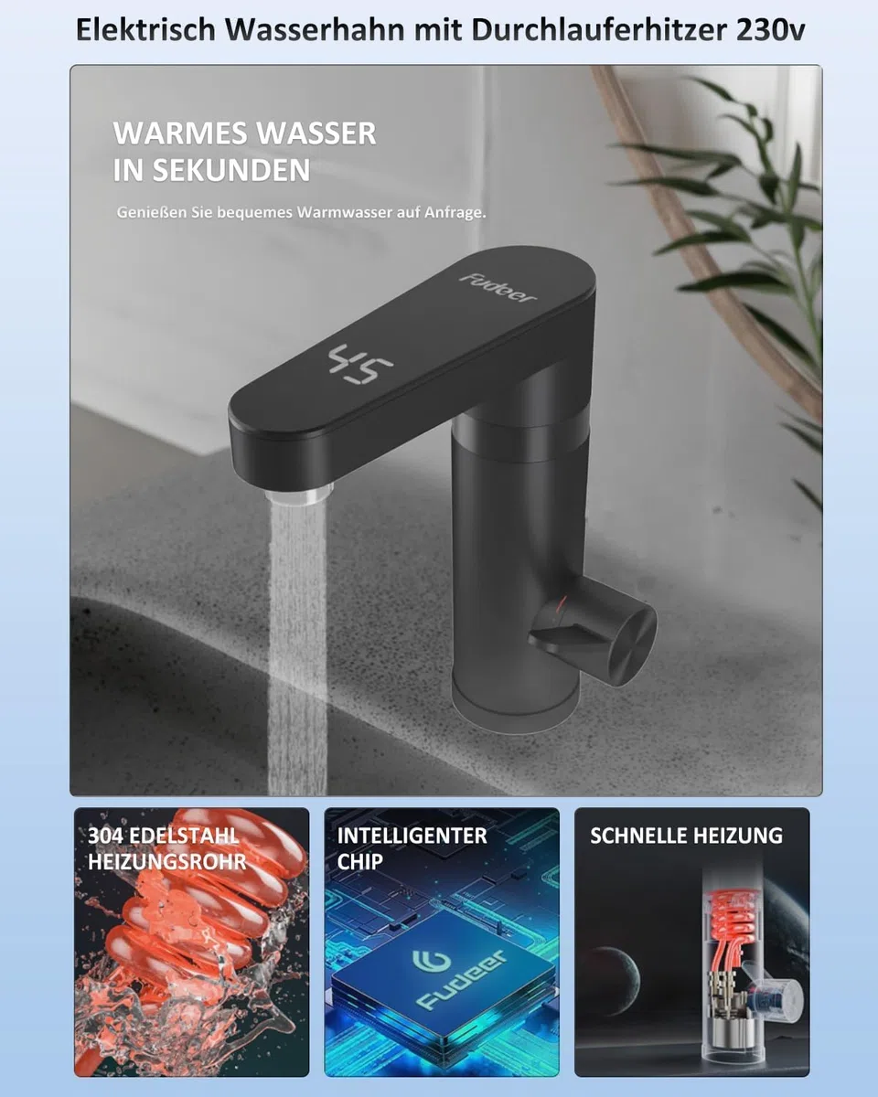 Warmwasserhahn Dlektrisch, Elektrischer Heiß- und Kaltmischer Wasserheizhahn mit digitaler Anzeige, 3300W Wasserhahn mit Durchlauferhitzer Elektrischer Hahn für Waschbecken (Schwarz)