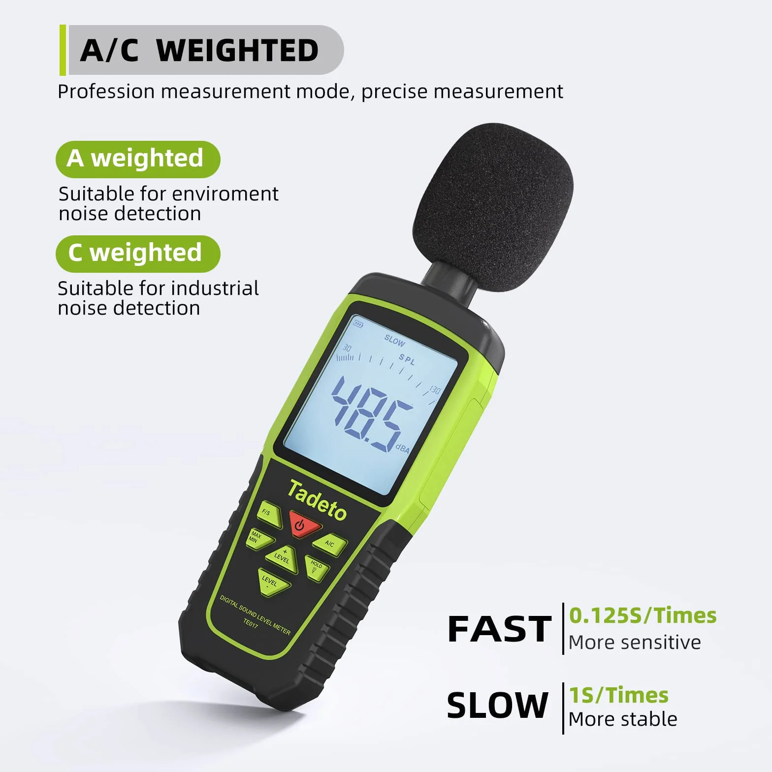 Dezibel Messgerät, Tadeto Schallpegelmesser Portable db Messgerät 30dB bis 130dB (5 Messbereich) Hintergrundbeleuchtung LCD-Display, MAX/MIN, akustische und visuelle Alarme, Data Hold, A/C-gewichtet