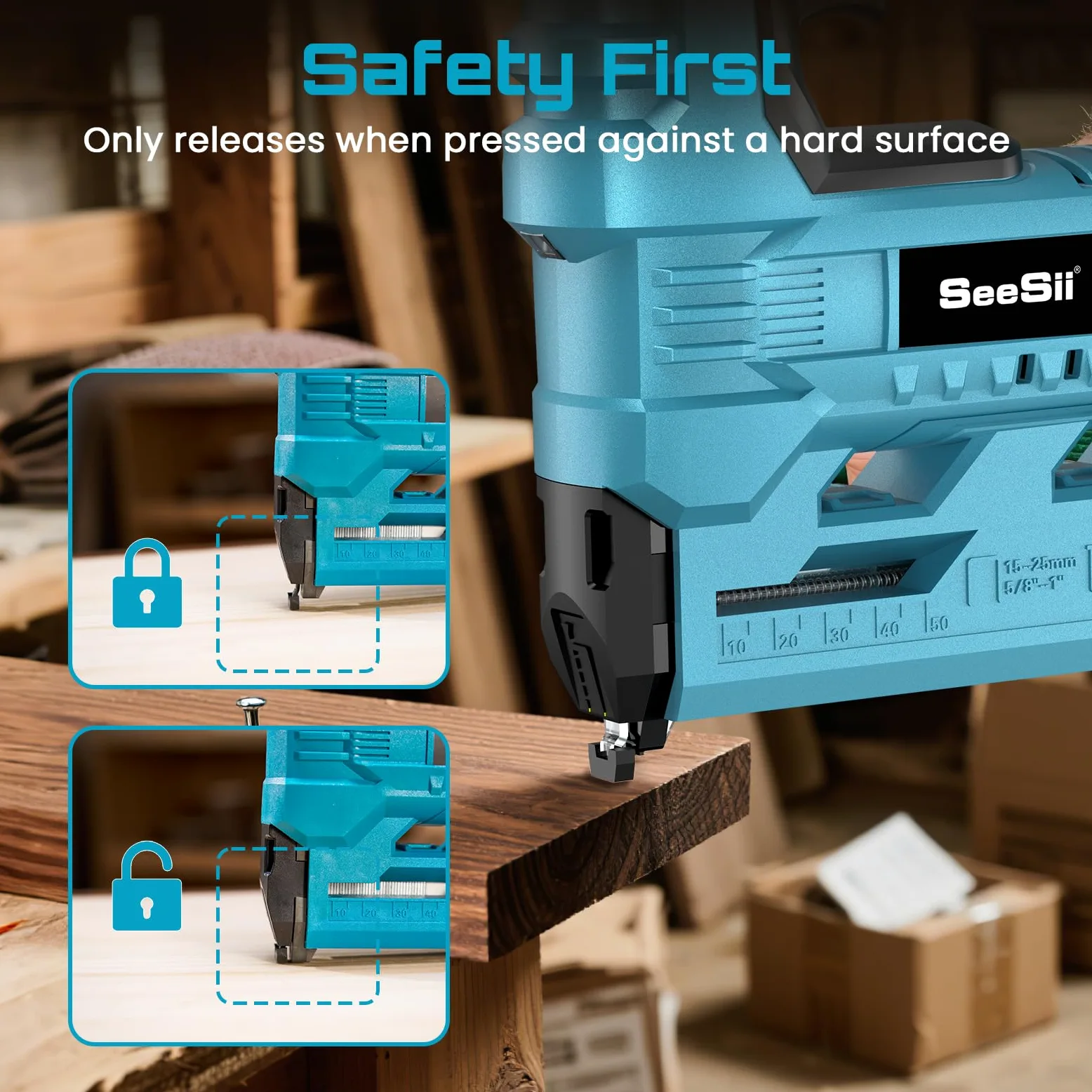 SEESII Akku-Nagler Set, 18GA Elektrische Nagelpistole mit 2 x 2,0Ah Akkus und 1000 Nägeln/Klammern, einstellbare Nageltiefe, 2-in-1 Brad-Nagler/Klammerer für Holzverarbeitung