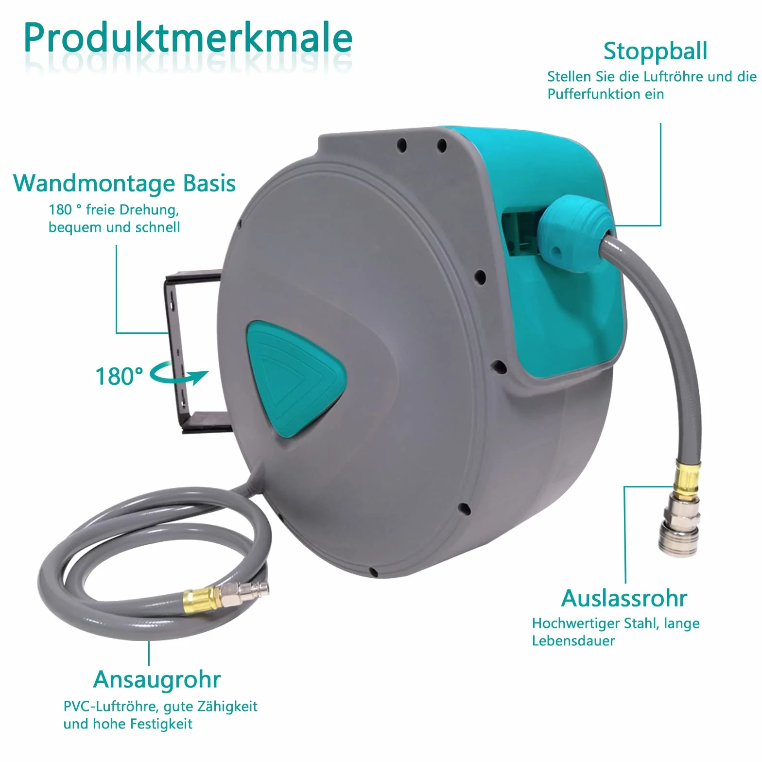 HENGMEI 20m Druckluftschlauch Druckluft Schlauchtrommel 1/4" Trommel Wandschlauchhalter Aufroller automatisch Schlauchaufroller
