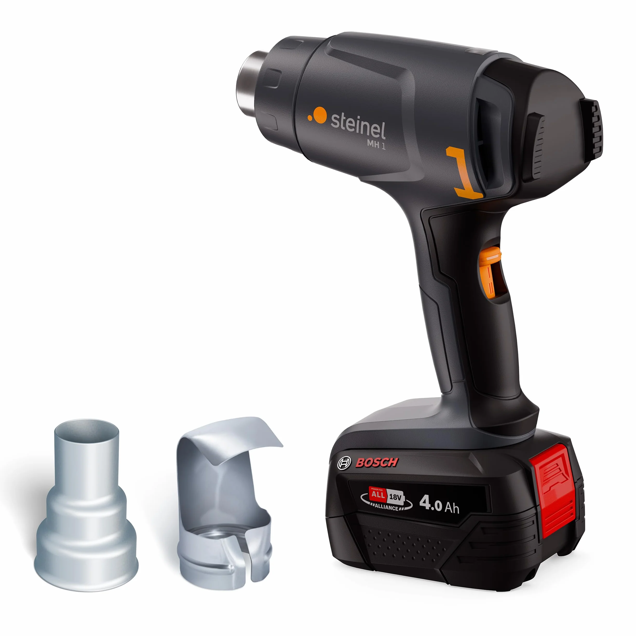 Steinel Akku Heißluftpistole MH 1 Set, inkl. 4.0 Ah 18V Bosch PFA Akku, Heißluftfön kabellos, 2 Temperaturstufen 300°C/450°C, zum Löten und Schrumpfen