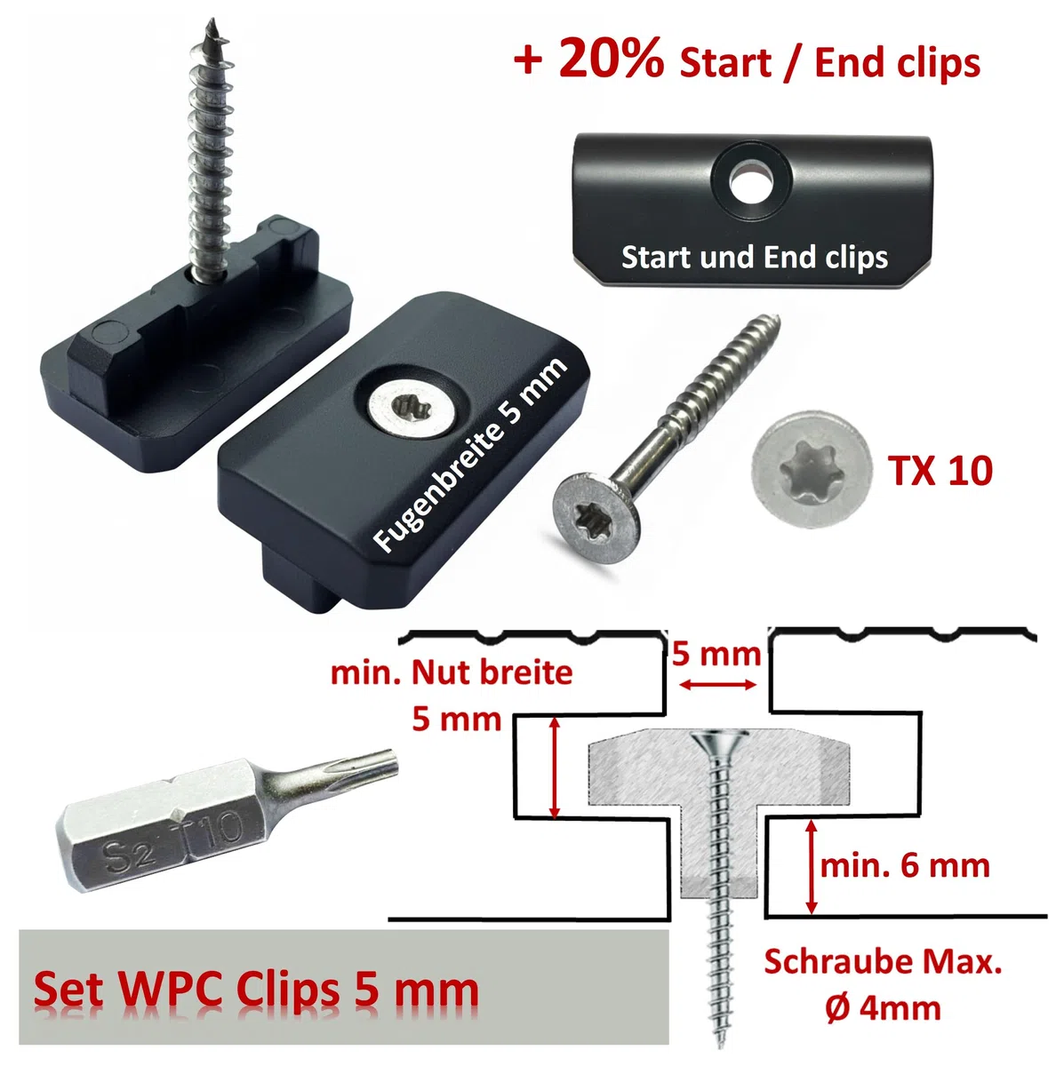 200 Stk. WPC Clips 5 mm Inkl. Schrauben + 40 Start - Endclips + 1 BIT, Befestigung Klammern Terrassendielen Montageclip Terrassenclips