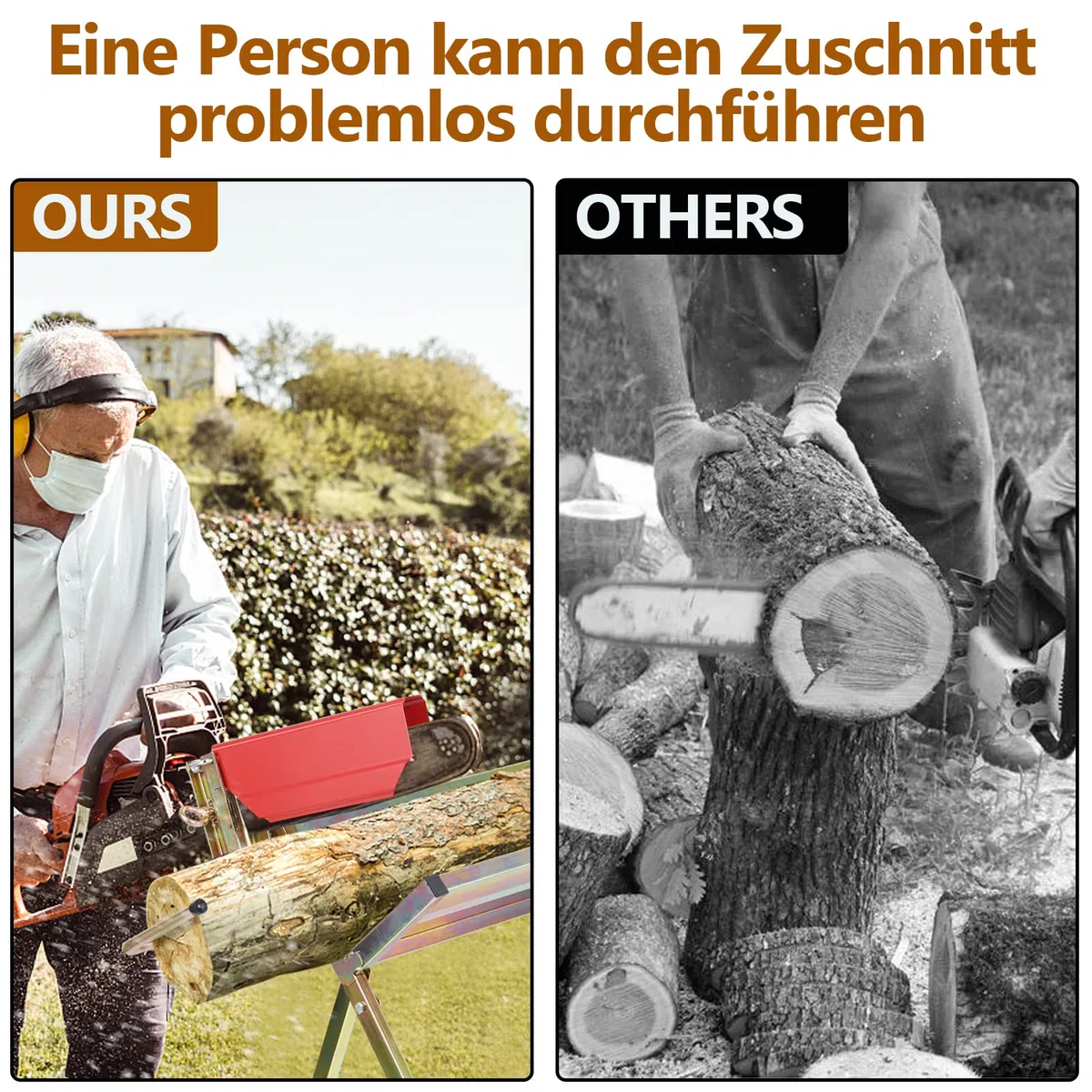 Herrselsam Sägebock mit Kettensägenhalterung, Kettenschutz, Messstab, bis 150 kg, 81x72x78,5 cm, Sägeständer klappbar Geeignet für Sägewerke, Werkstätten