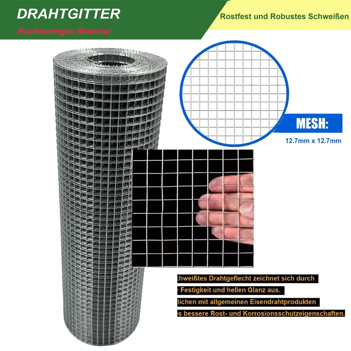 Wühlmausgitter 1m x 10m, Volierendraht 12.7mm x 12.7mm, Maschendraht Drahtgitter verzinkt, Metallgitter als Hasendraht Kaninchendraht Hühnerdraht, 0,7mm