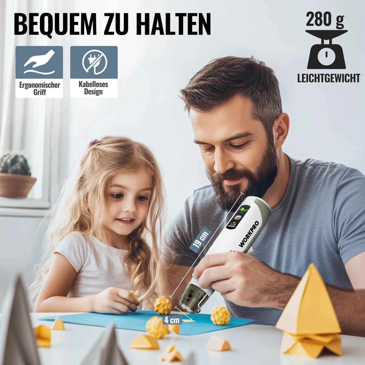 WORKPRO 8V Mini Heißluftpistole mit 4000mAh Akku, 300℃/450℃ Heiztemperatur 30s Schnellaufheizen, Mini Heißluftfön mit Reflektordüse und 50 Stk. Schrumpfschläuche für DIY, Reparaturen & Bastelarbeiten