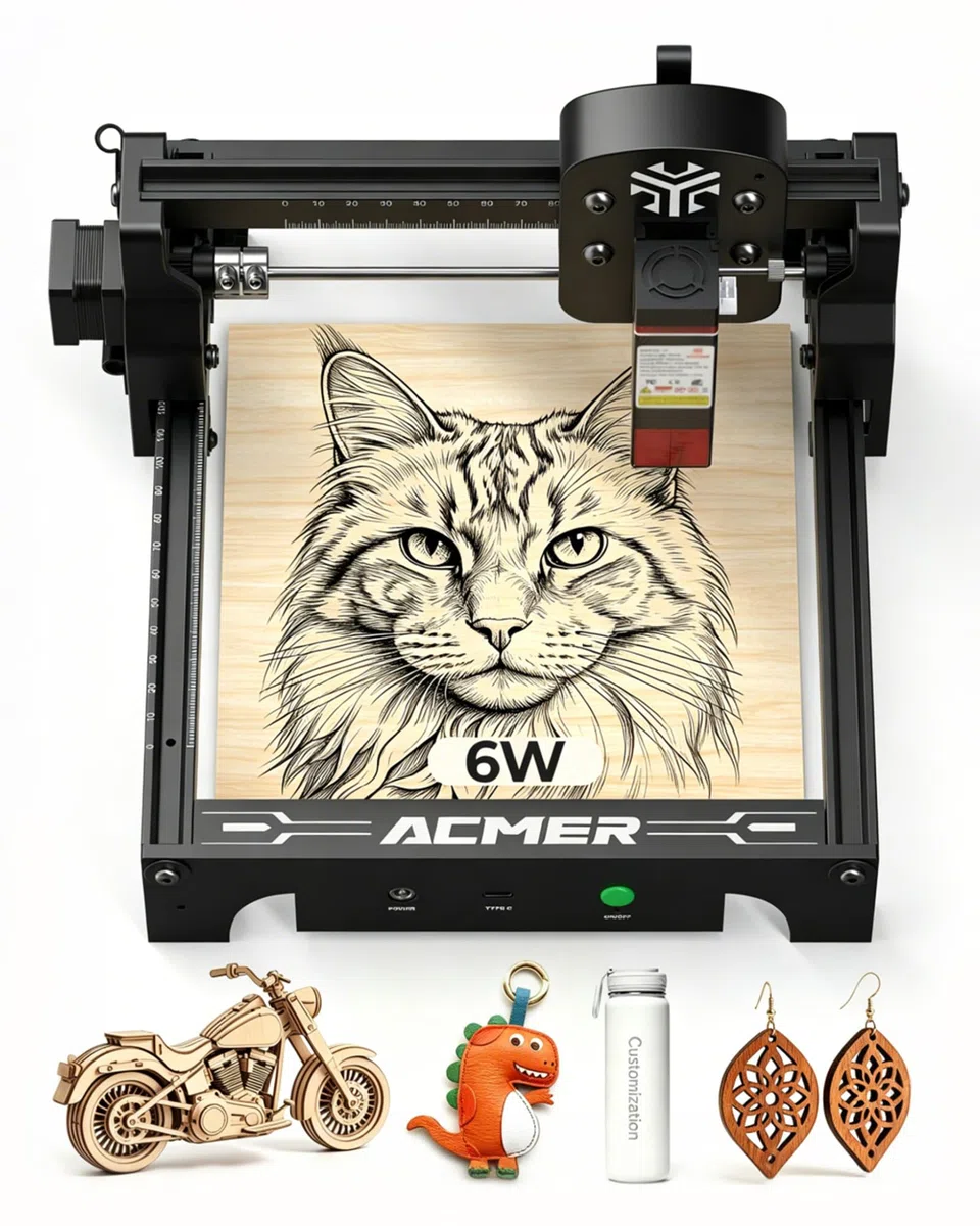 Acmer T1 6w Laser Graviermaschine, Tragbarer Mini Laser Cutter, 0.01mm HochpräZiser Lasergravierer, Arbeitsbereich 130 X 130 mm, Graviermaschine für Holz, Leder, Glas, Metall Sowie Diy-Geschenken