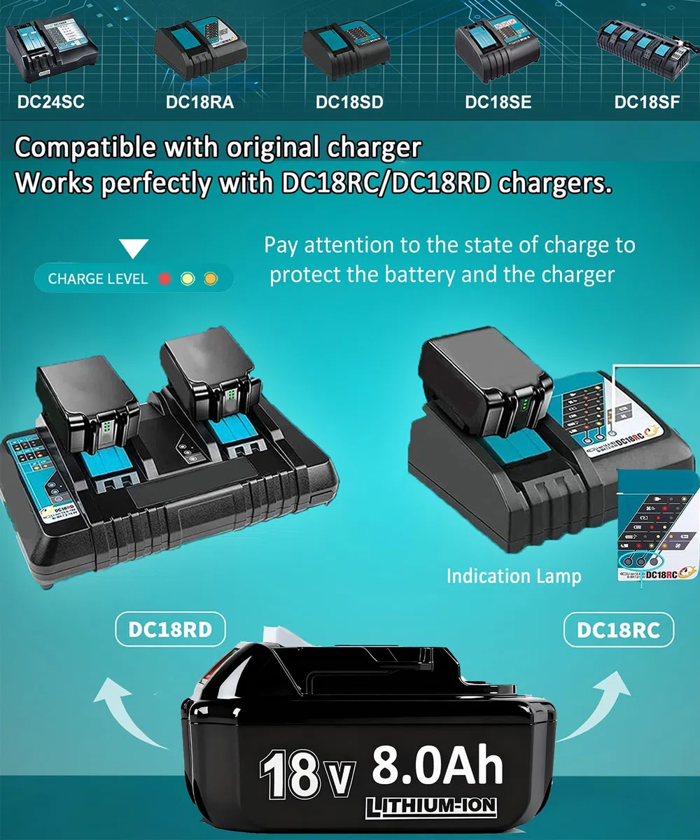 2X 18V 8.0Ah/8000mAh Ersatzakku für makita akku Kompatibel BL1860B BL1850B BL1840 BL1830 BL1845 194205-3 LXT-400 Bohrmaschinen, Schraubendrehern, Kartuschenpistolen, with LED Werkzeugakku.