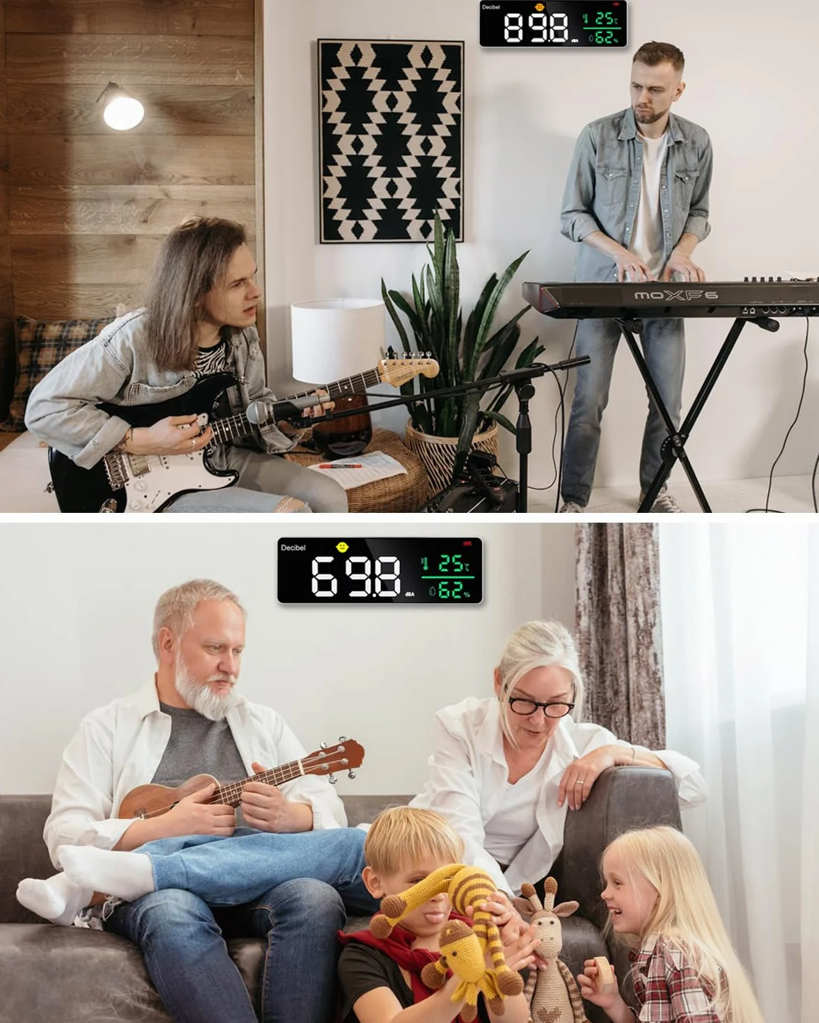 Digitaler Dezibelmessgerät, 3 In 1 Schallpegelmesser Wandbehang Schallpegelmessgerät mit Temperatur & Feuchtigkeits, 30~130dB, 11" Große LED Bildschirm, für Zuhause, Babyzimmer, Bibliothek