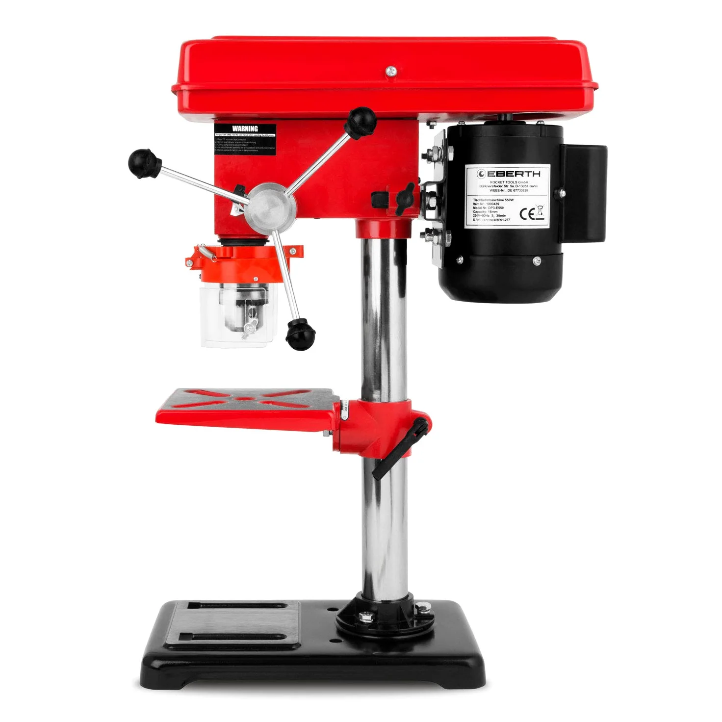 EBERTH Tischbohrmaschine 550 Watt, 50mm Spindelhub, 9 Geschwindigkeiten max. 2350U/Min, Standbohrmaschine mit Bohrfutter Ø3-16mm, Ständerbohrmaschine, Säulenbohrmaschine, Bohrtisch neigbar schwenkbar