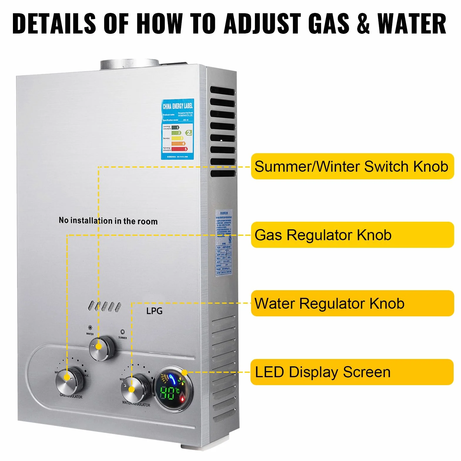 12 l LPG-Gas-Durchlauferhitzer mit Winter- und Sommermodus, 24 kW, an der Wand montiert, ohne Tank, automatischer Durchlauferhitzer mit Kupferkern und LED-Display