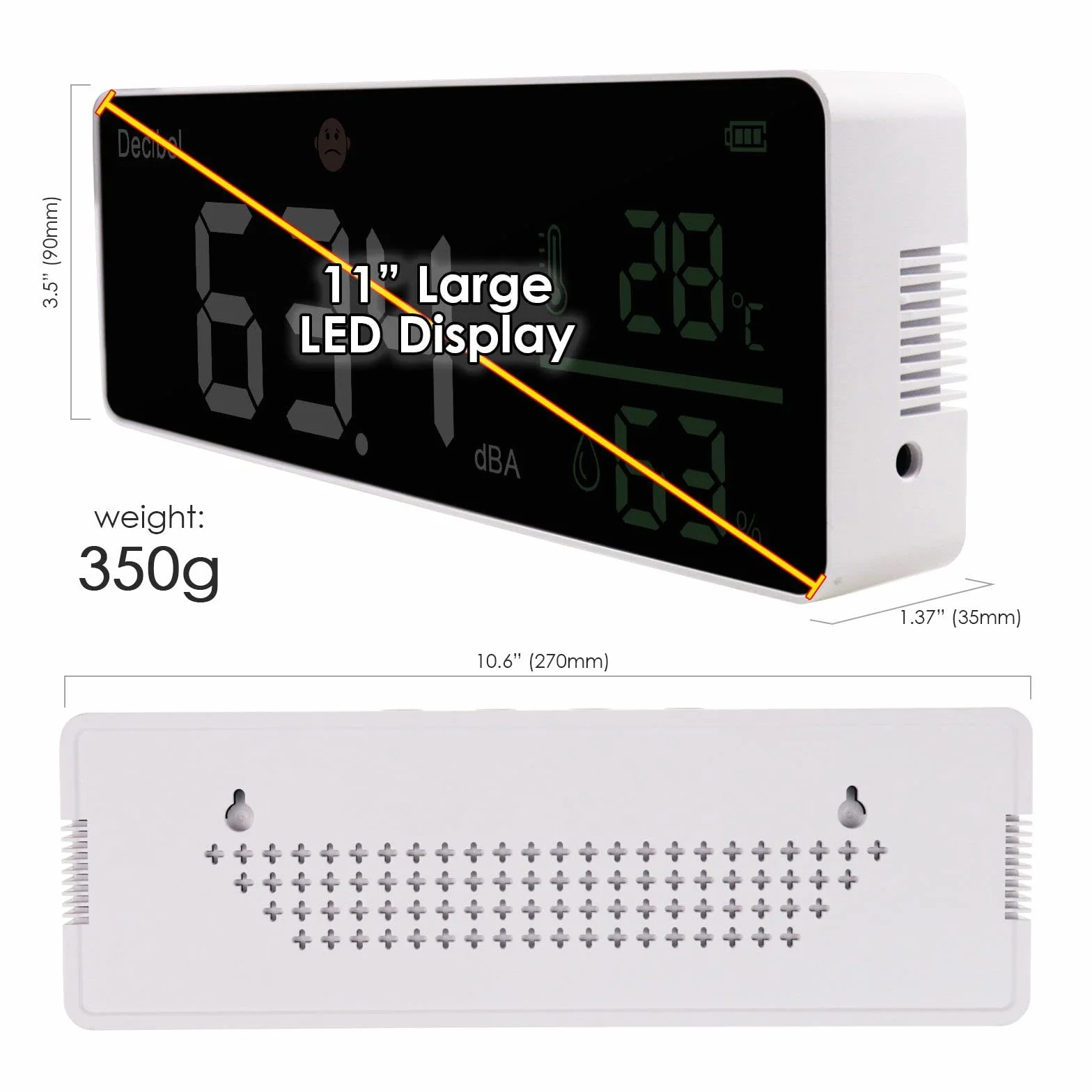 Dezibel-Messgerät, Wand-Schallpegelmesser, 28cm großes LED-Display, Geräuschtemperatur- und Luftfeuchtigkeitsmesser mit Alarmsymbolen, breite Anwendungen für Klassenzimmer, Studio, Zuhause, Fabrik