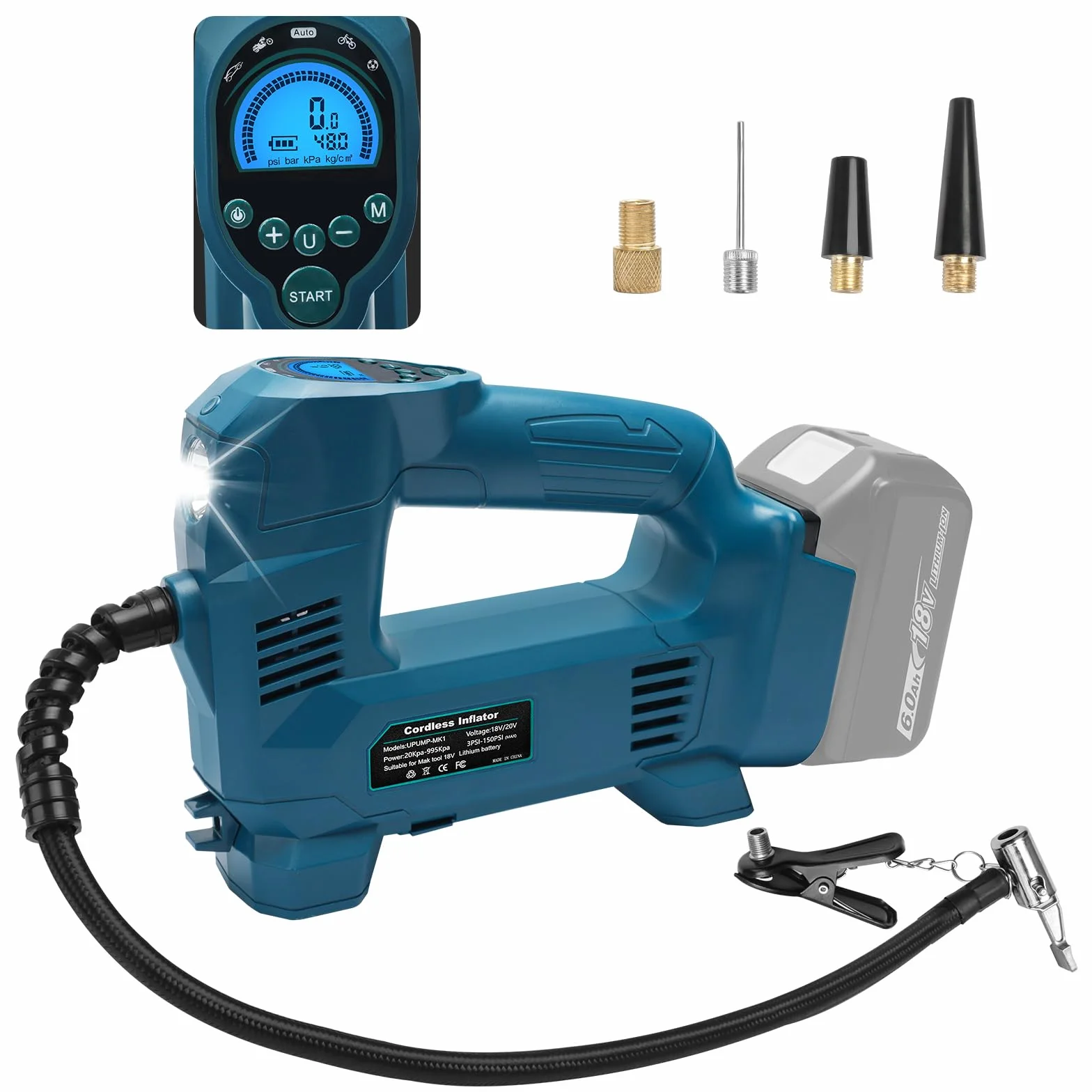 Powarobor 18V Akku Kompressor Kompatibel mit Makita 18V Akkus,10.34 bar Akku Autokompressor/kabellos Luftpumpe für Fahrrad/Auto/Motorrad 150PSI, Automatisch Stop,LED Lampe (ohne Akku, ohne Ladegerät)