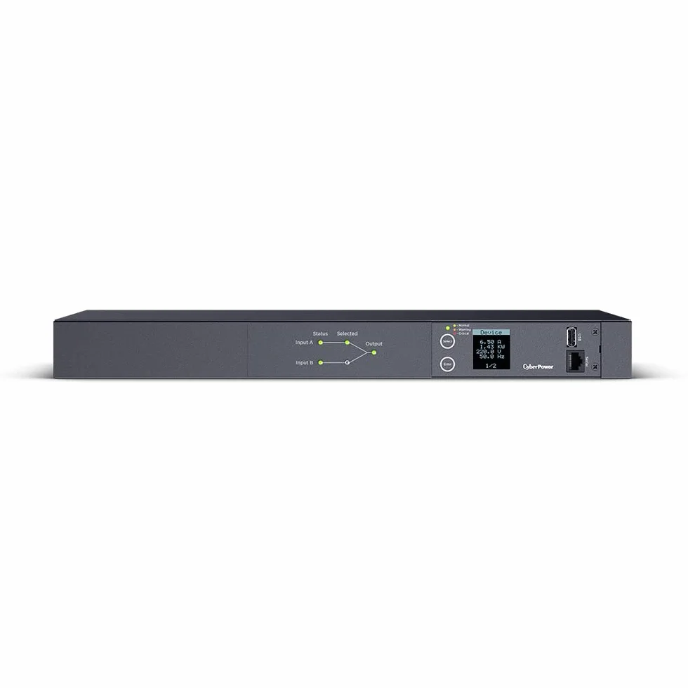 CyberPower PDU24005 ATS PDU Rackmount 1U schwarz, automatische Quellenumschaltung für redundante Einspeisung, 2X IEC C20 16A, 10x Frontabgang 2X C19 8X C13, LCD mit Ampere Volt Watt Anzeige, Hot-Swap