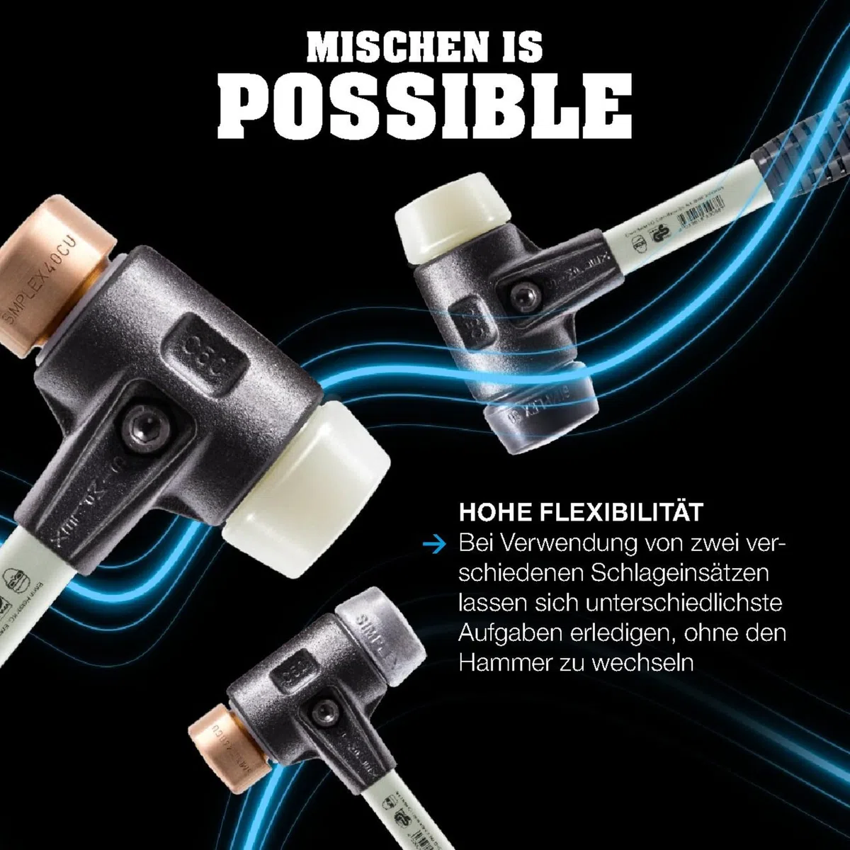 SIMPLEX-Schonhammer, Gummikomposition/Superplastik; mit verstärktem Tempergussgehäuse und Fiberglasstiel | D=60 mm | 3727.060