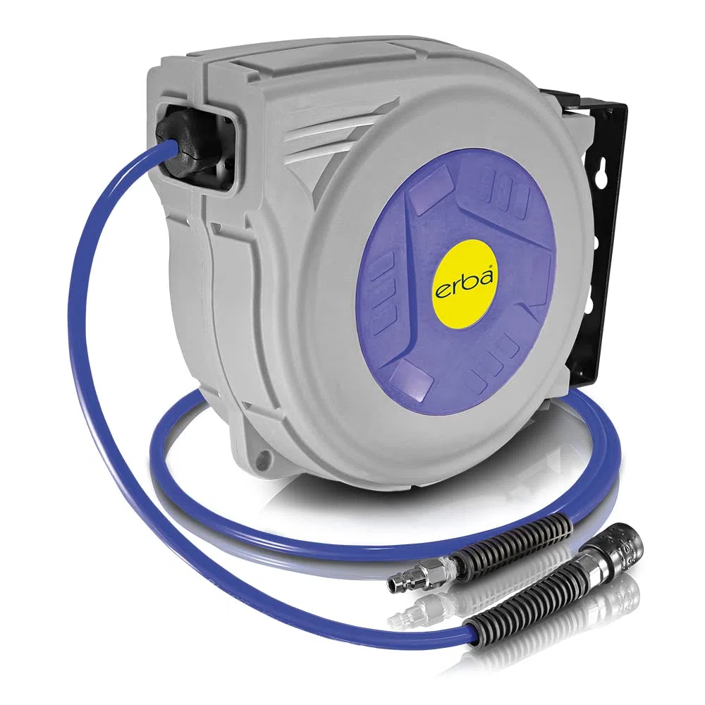 Erba 20042 Automatik Drucklufttrommel mit 15m+1,5m PU mit Stopp-Funktion, Grau/Blau, Schlauchaufroller, Werkstatt, Druckluft