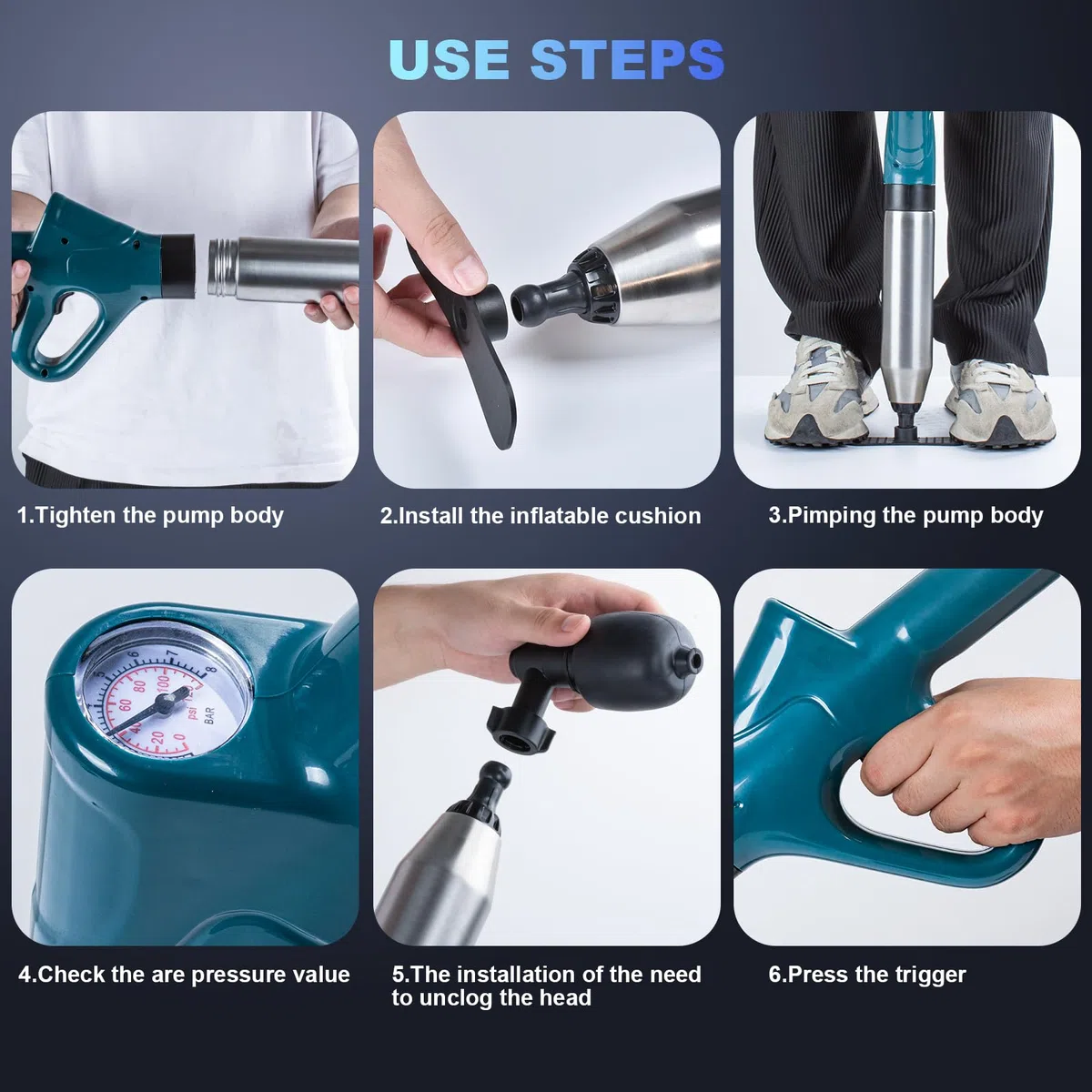 Rohrreiniger Druckluft,Abflussreiniger Pumpe mit Luftdruckanzeige,Pressluft Rohrreinigungsspumpe mit 4 Saugnäpfen,Handschuhe und Krallengreifer Abflussreiniger,für WC,Toilette