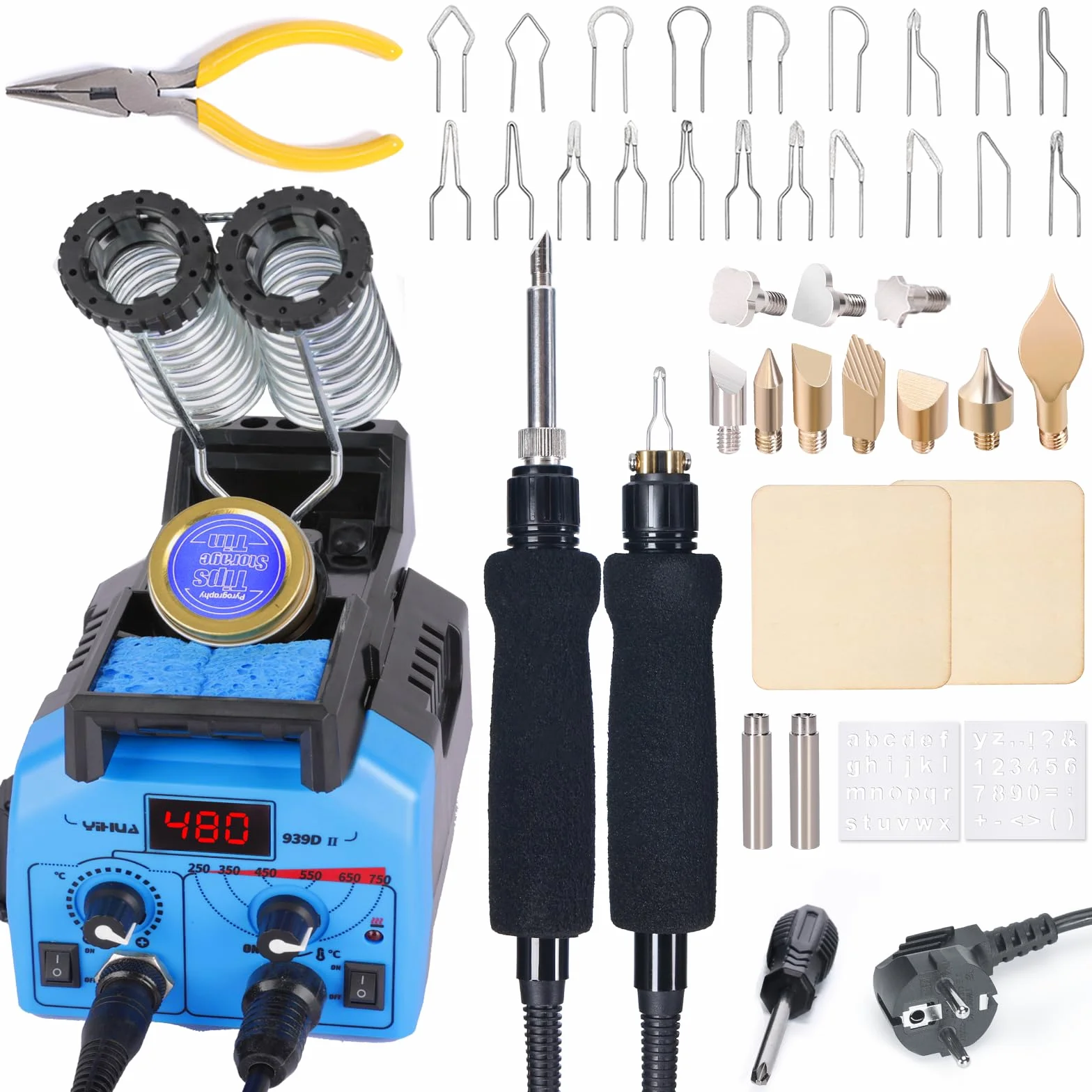 YIHUA 939D-II 2-IN-1 Brandmalerei-Set Holzbrennstation mit 2 Brandmalkolben-Stiften(Festspitze & Drahtspitze) mit 10 Festspitzen und 20 Drahtspitzen für Holzverbrennung(EU PLUG)