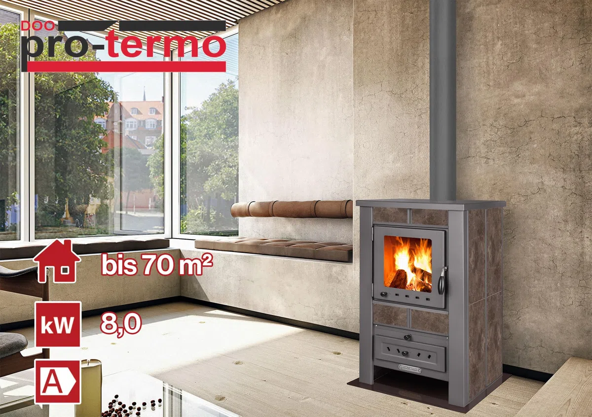 ProTermo Alpina G Mokka Kaminofen mit Schamottstein - 8 kW Heizleistung - Kaminofen Holzofen mit Sichtfenster, Bauart 1