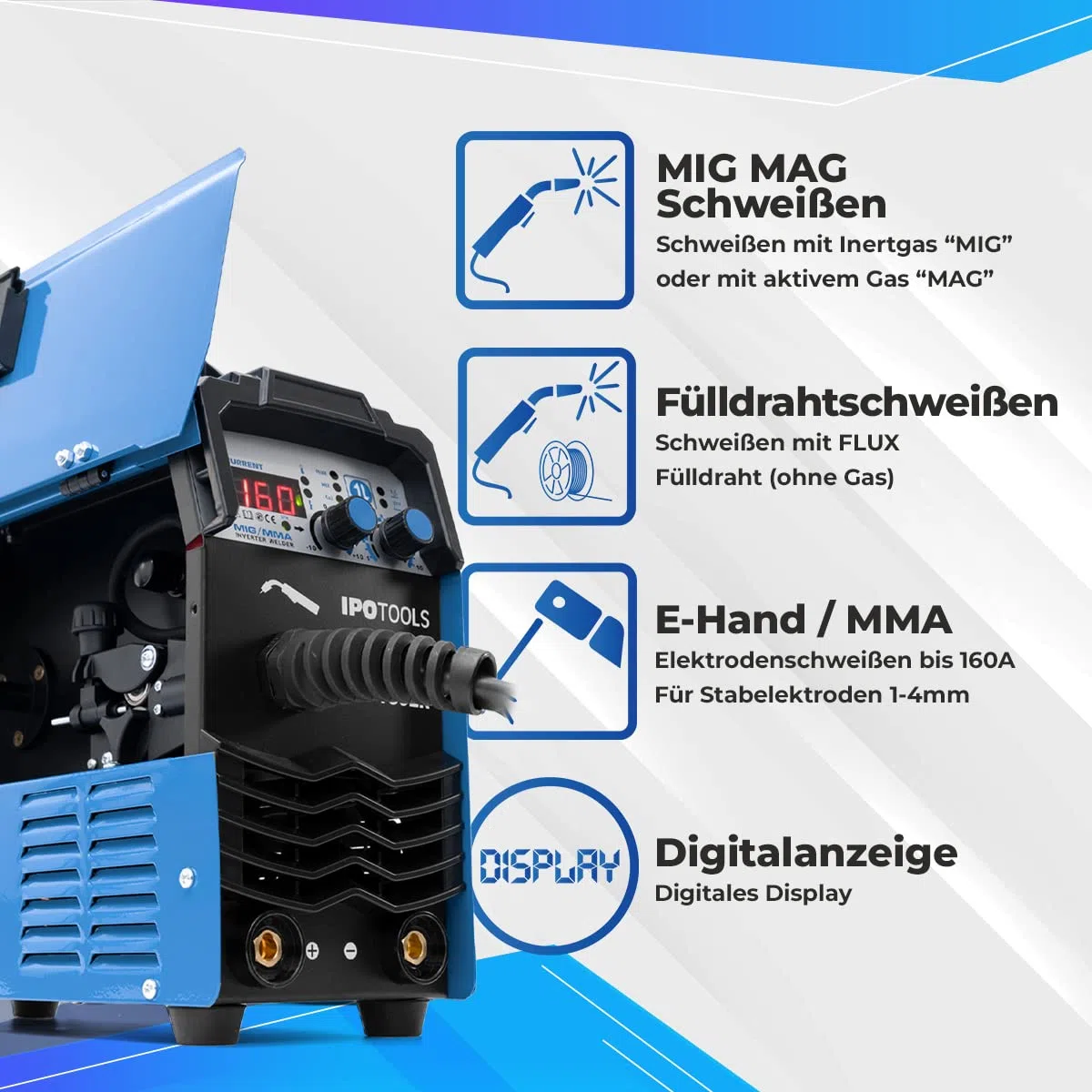 IPOTOOLS MIG-160ER Inverter Schweißgerät MIG MAG - Schutzgas Schweissgerät mit 160 Ampere auch FLUX/Fülldraht und Elektroden geeignet/E-Hand/Digitalanzeige/IGBT / 230V / 7 Jahre Garantie