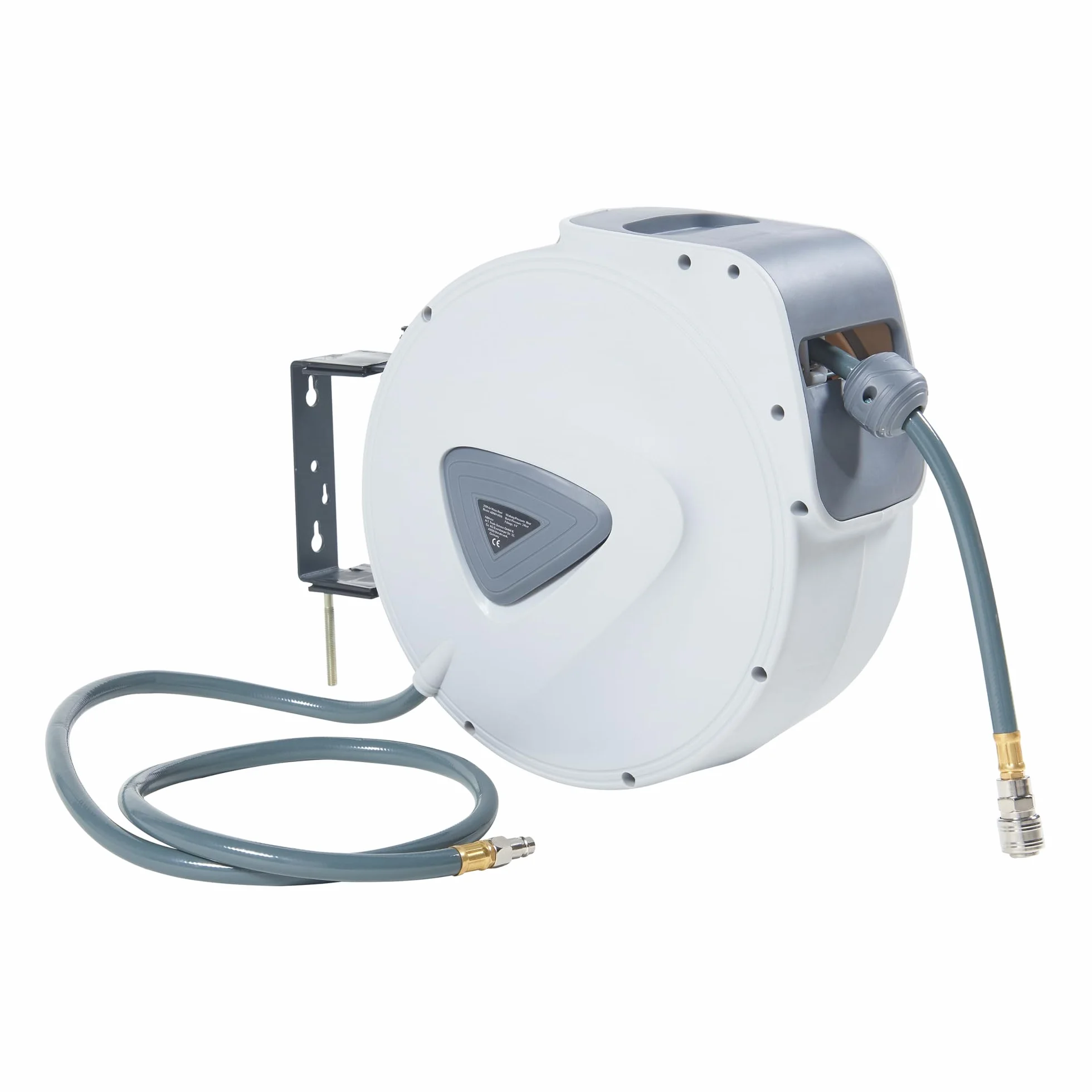 pro.tec Druckluftschlauchtrommel Nassau 180° Schwenkbarkeit Druckluftschlauch 30m + 2m Schlauchtrommel Weiß/Grau Schlauchaufroller zur Wandmontage 1/4 Anschluss automatisch